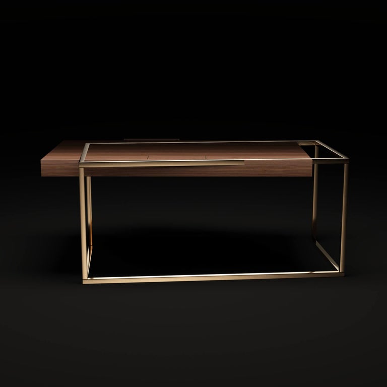 The Executive Desk ExCentric 2.0 listed here is made in walnut wood and brushed brass. However, we can produce this in customized options: 
Structure: Stainless steel (polished or brushed); brass (polished or brushed).
Tabletop: Another kind of wood