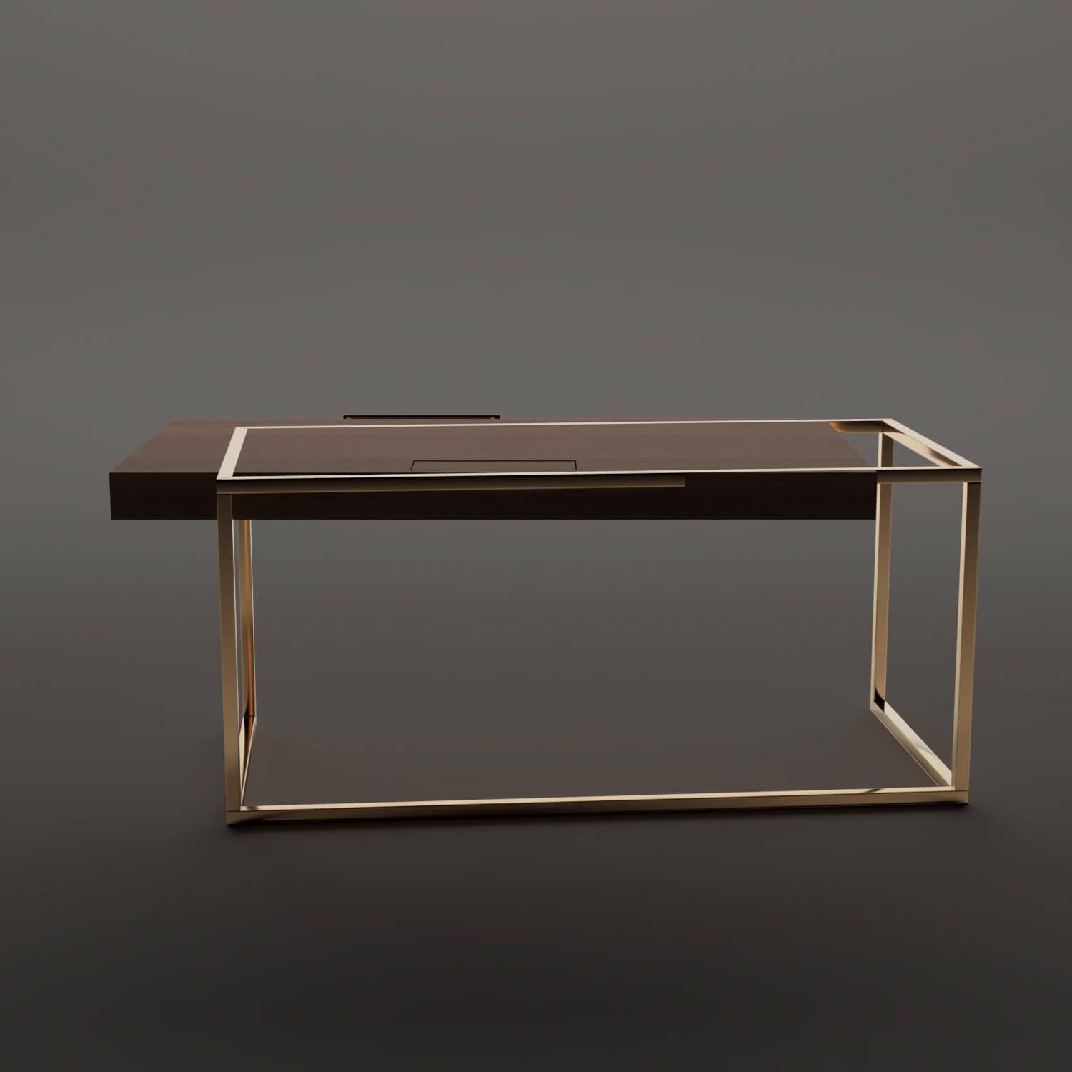 Portuguese Modern Home Office Writing Executive Desk in Walnut Wood and Brushed Brass For Sale