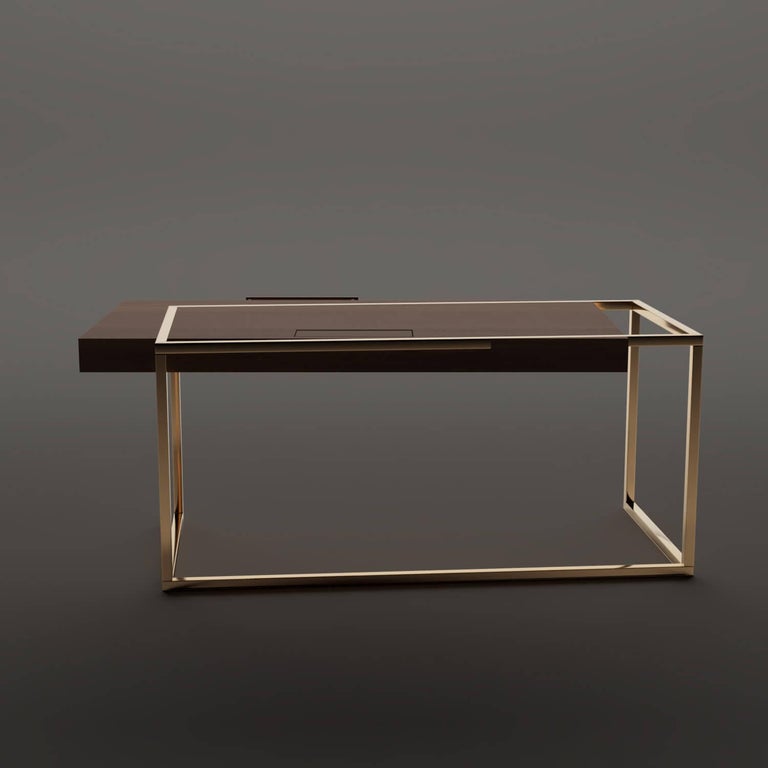 Portuguese 21st Century Modern Writing Executive Desk in Walnut Wood and Brushed Brass For Sale