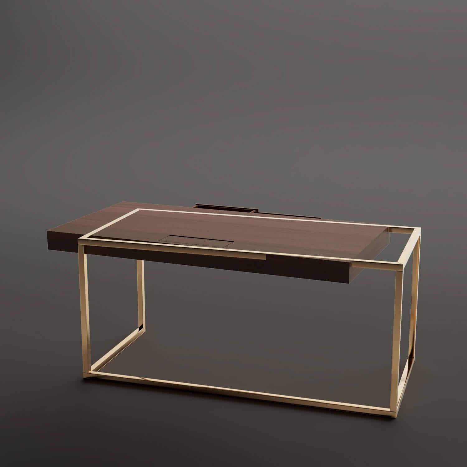 Lacquered Modern Home Office Writing Executive Desk in Walnut Wood and Brushed Brass For Sale