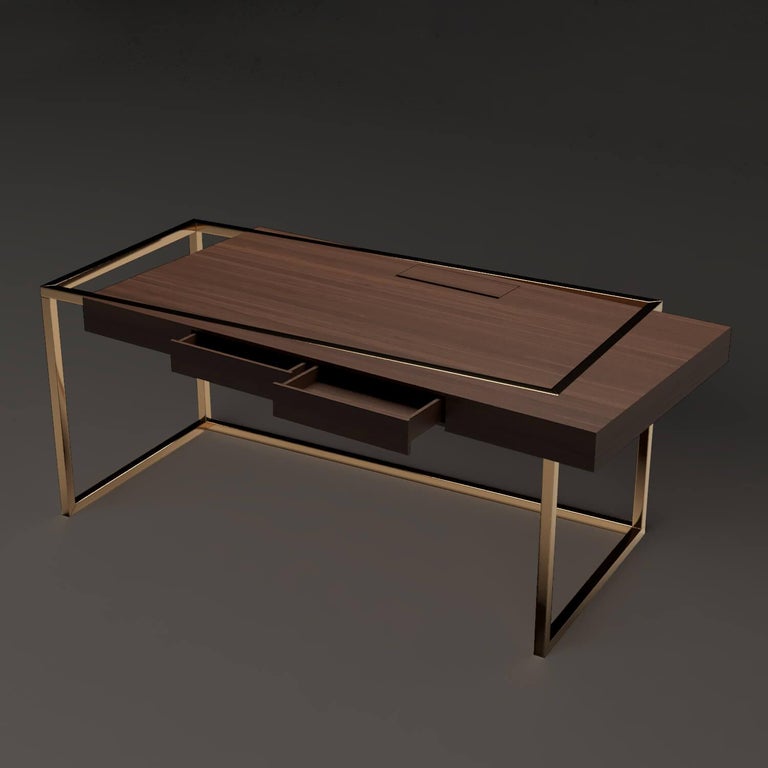 Contemporary 21st Century Modern Writing Executive Desk in Walnut Wood and Brushed Brass For Sale