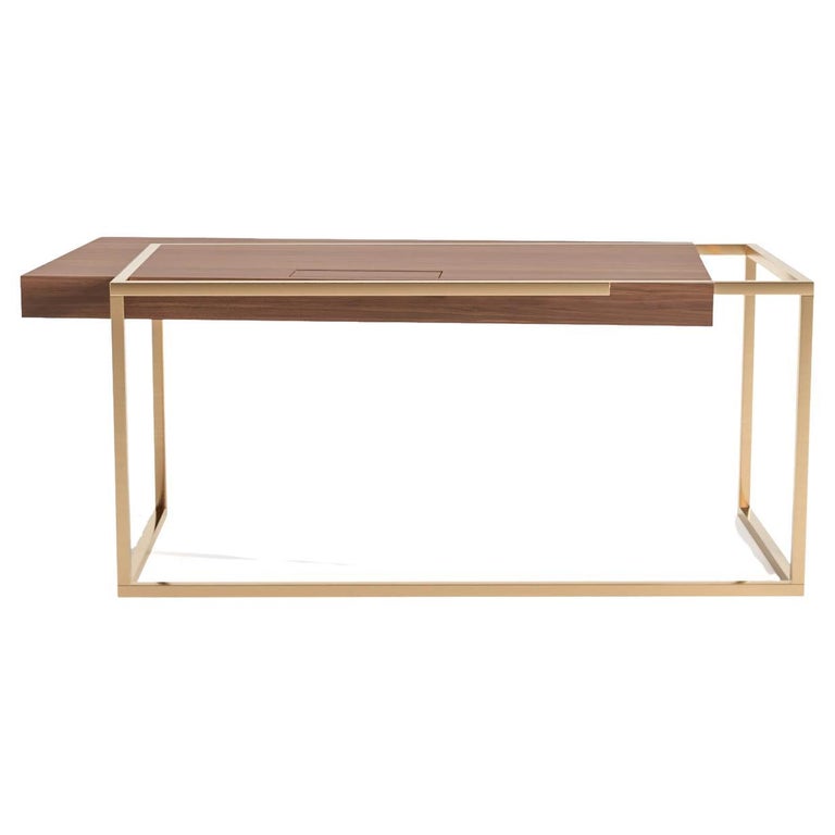 21st Century Modern Writing Executive Desk in Walnut Wood and Brushed Brass For Sale