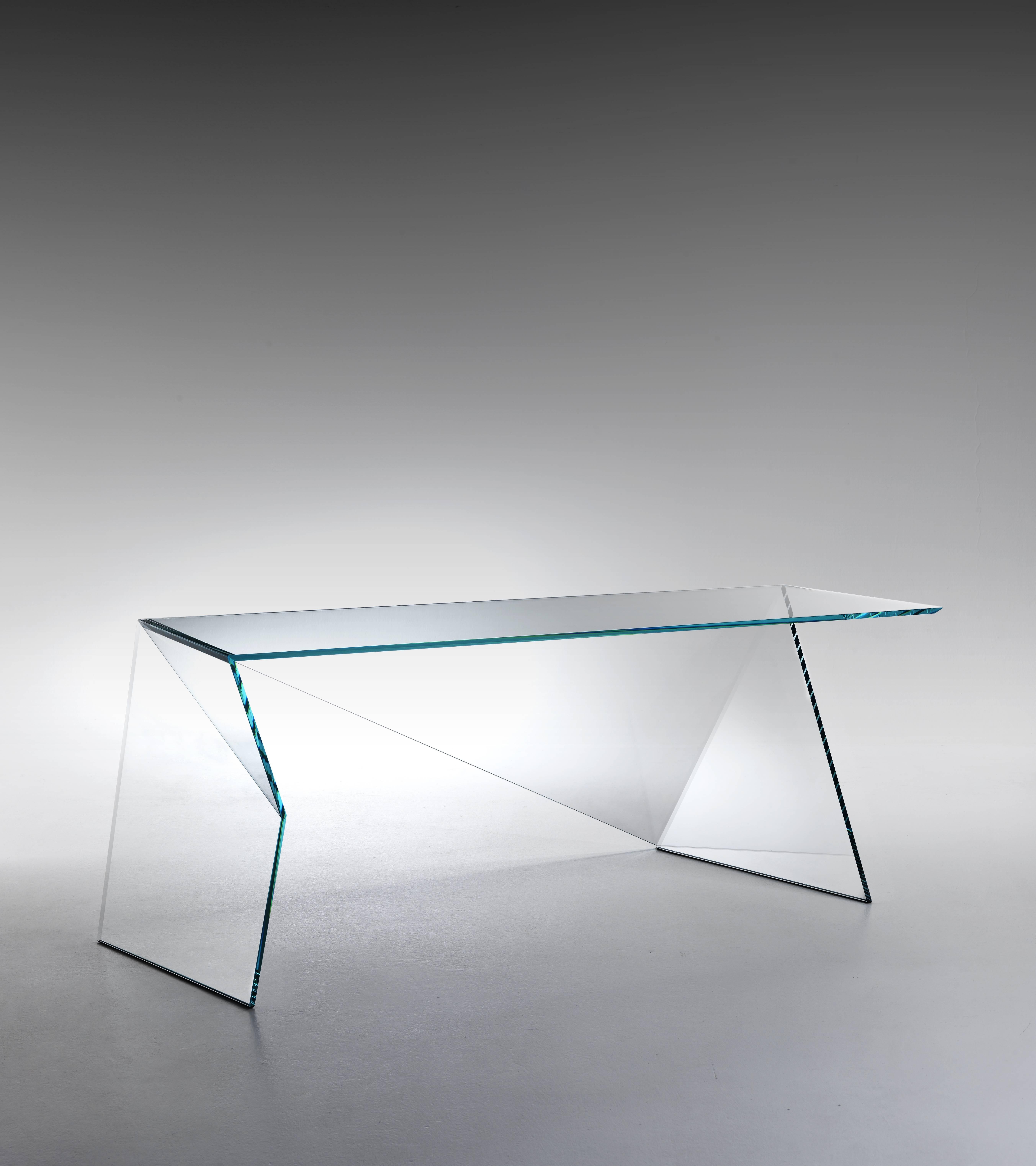 Moderne Table de bureau ou d'écriture géométrique en verre et cristal, design de collection fait à la main, Italie en vente