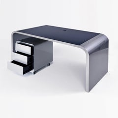 Executive Waterfall Metal Desk With Roll Container, Plated Metal, Glossy Lacquer