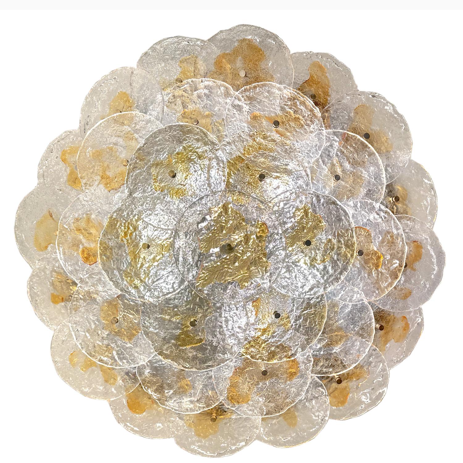 Brutalist Exemplary Mazzega Murano Textured Clear & Amber Glass Disc Flush Mount 1970s