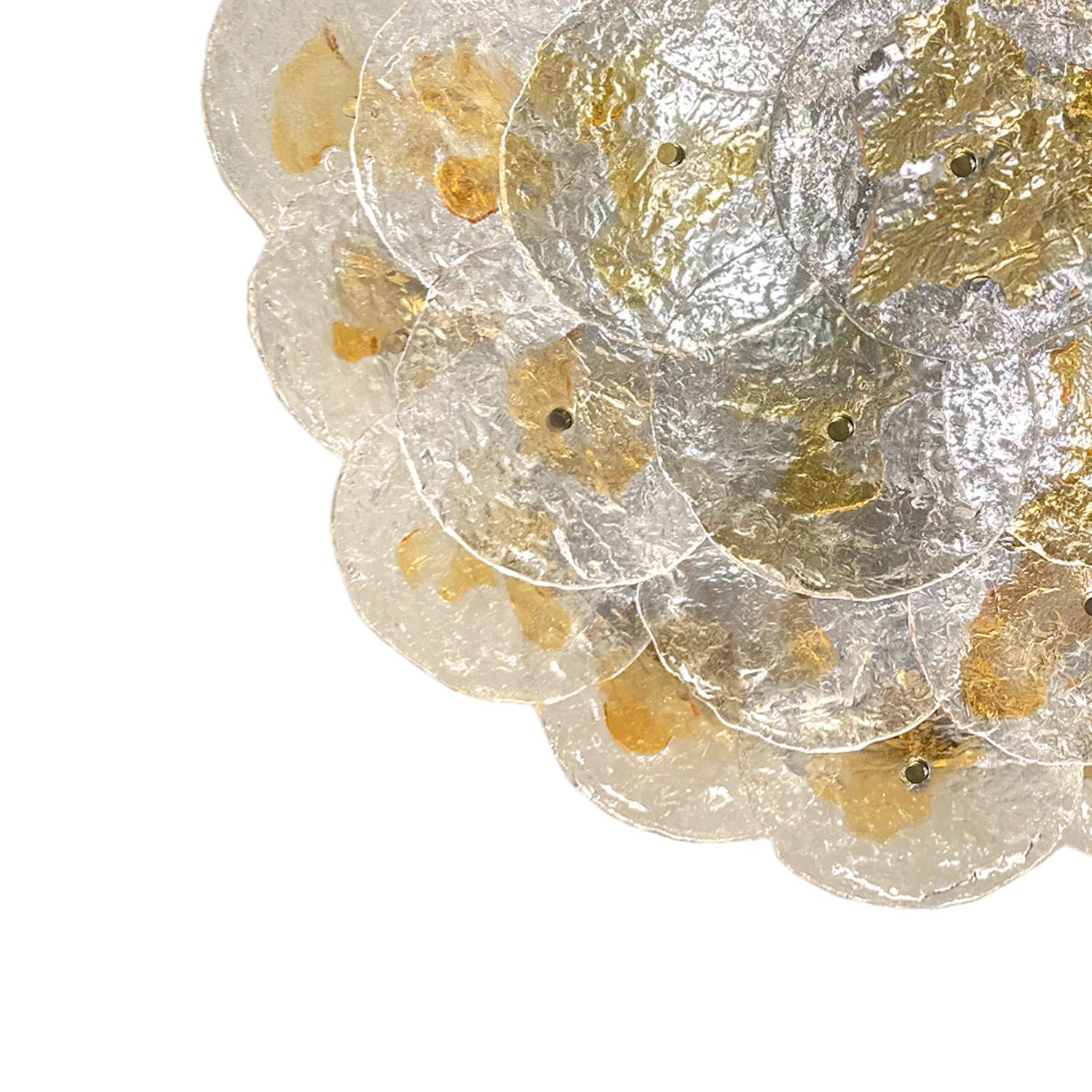 Italian Exemplary Mazzega Murano Textured Clear & Amber Glass Disc Flush Mount 1970s