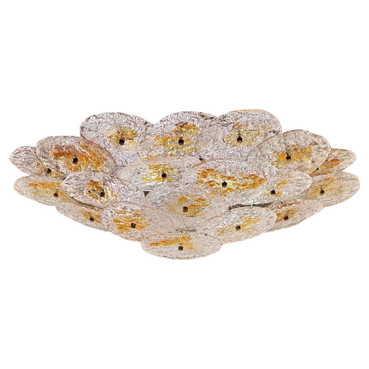 Exemplary Mazzega Murano Textured Clear & Amber Glass Disc Flush Mount 1970s