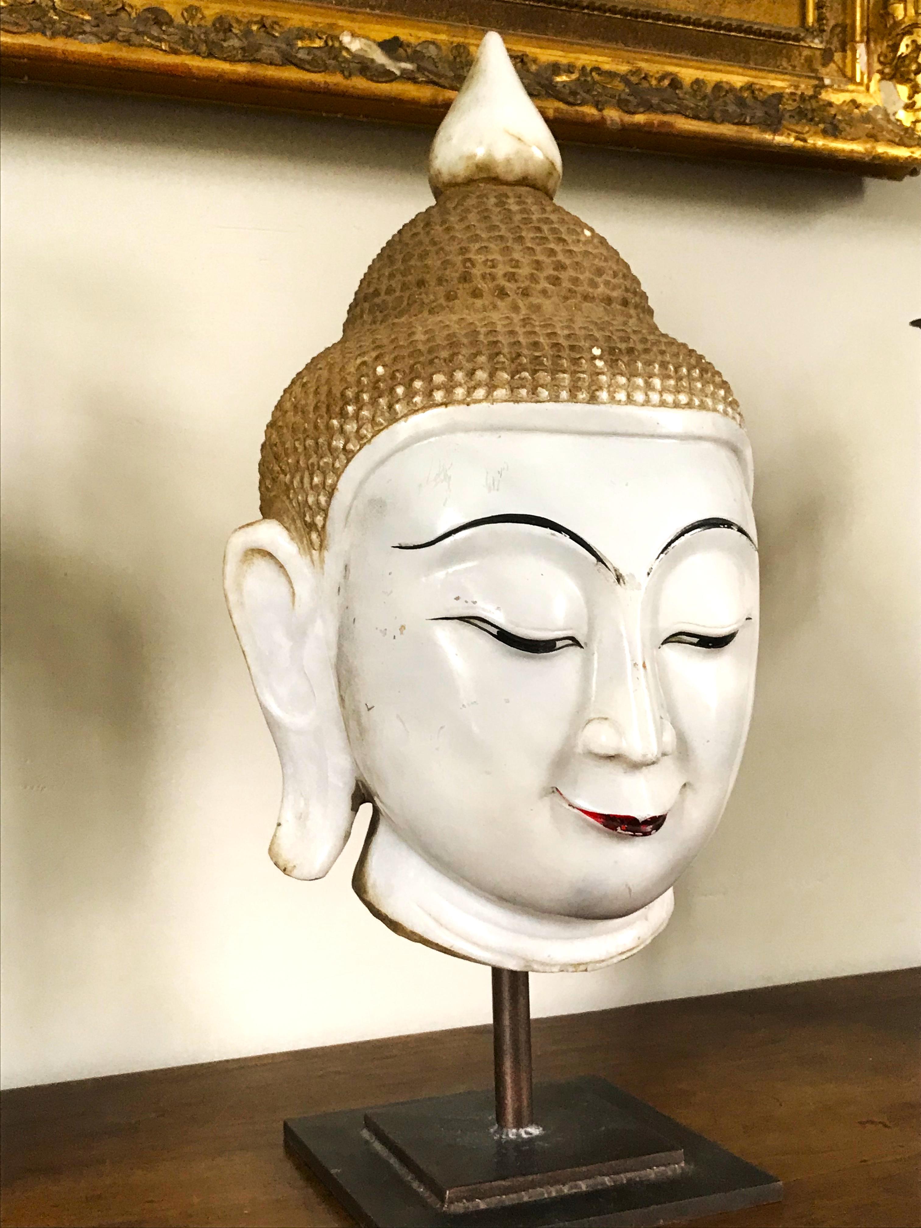 Exceptional Burmese Buddha Head Lacquered Marble 11
