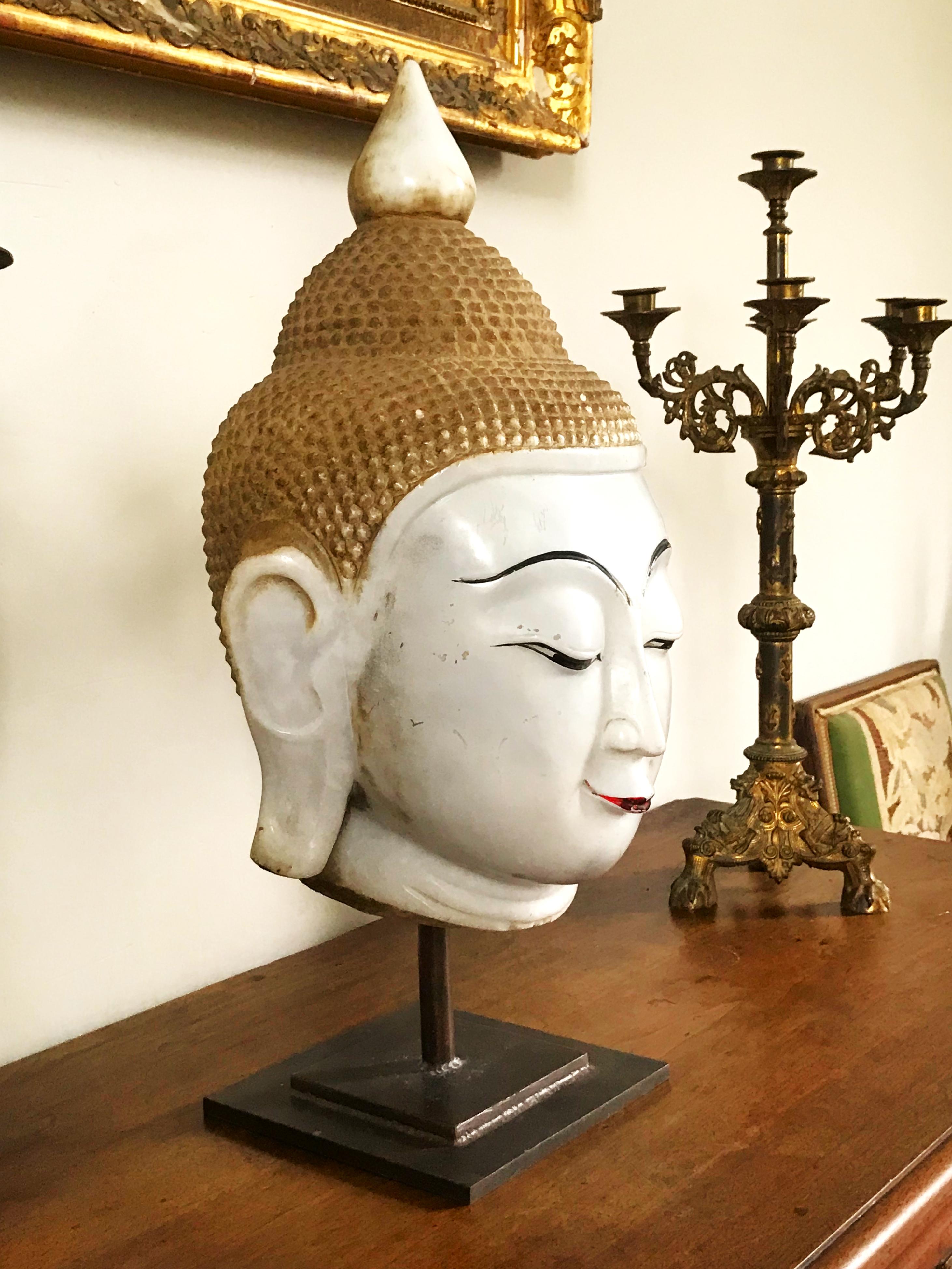 18th Century and Earlier Exceptional Burmese Buddha Head Lacquered Marble