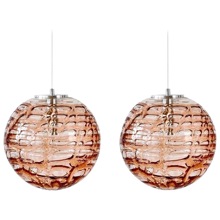 Exeptional Pair of Pink Murano Glass Pendant Lights Venini Style, 1960s