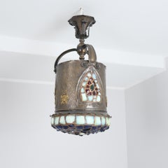 Exeptionally Beautiful Art Noveau Ceiling Lamp, Copper & Colored Glass 1890-1920