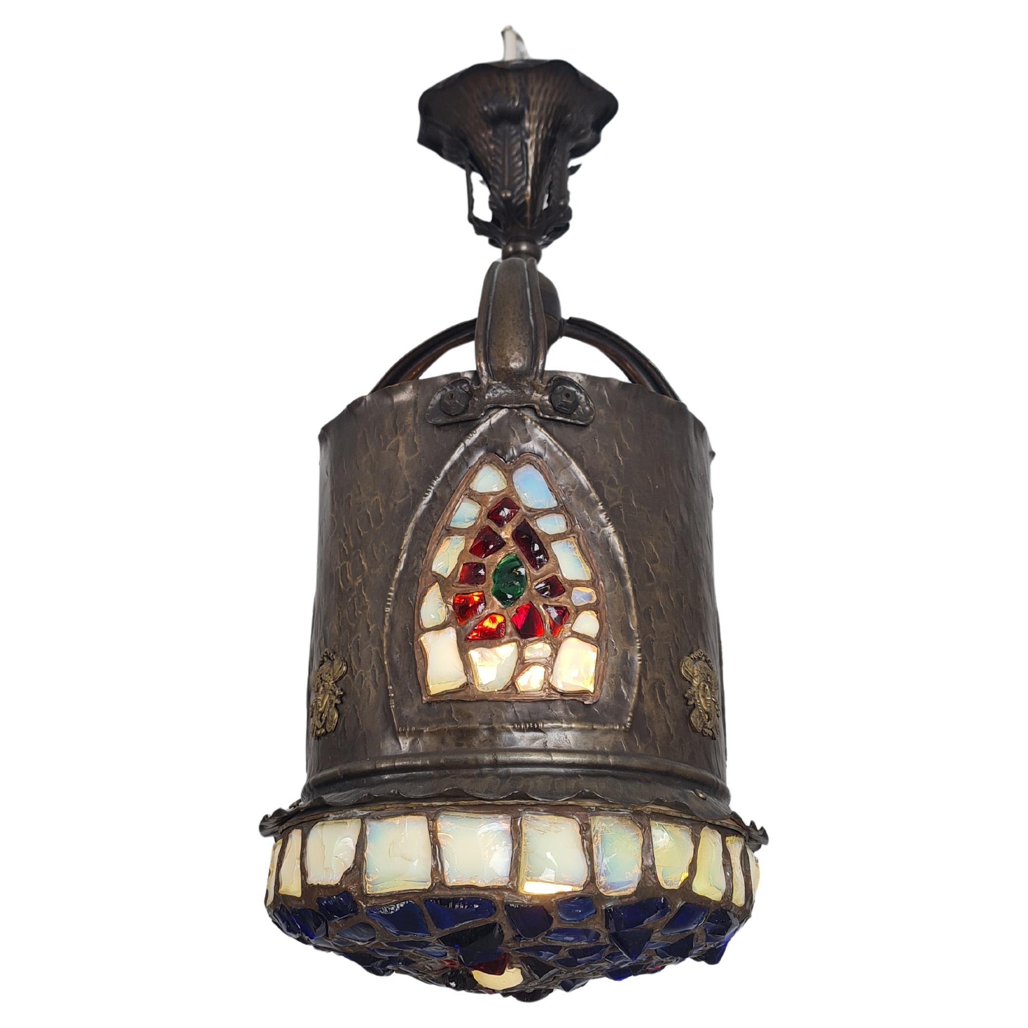 Exeptionally Beautiful Art Noveau Ceiling Lamp, Copper & Colored Glass 1890-1920
