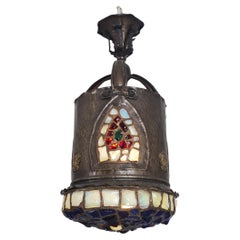 Bellissima lampada da soffitto Art Noveau, rame e vetro colorato 1890-1920