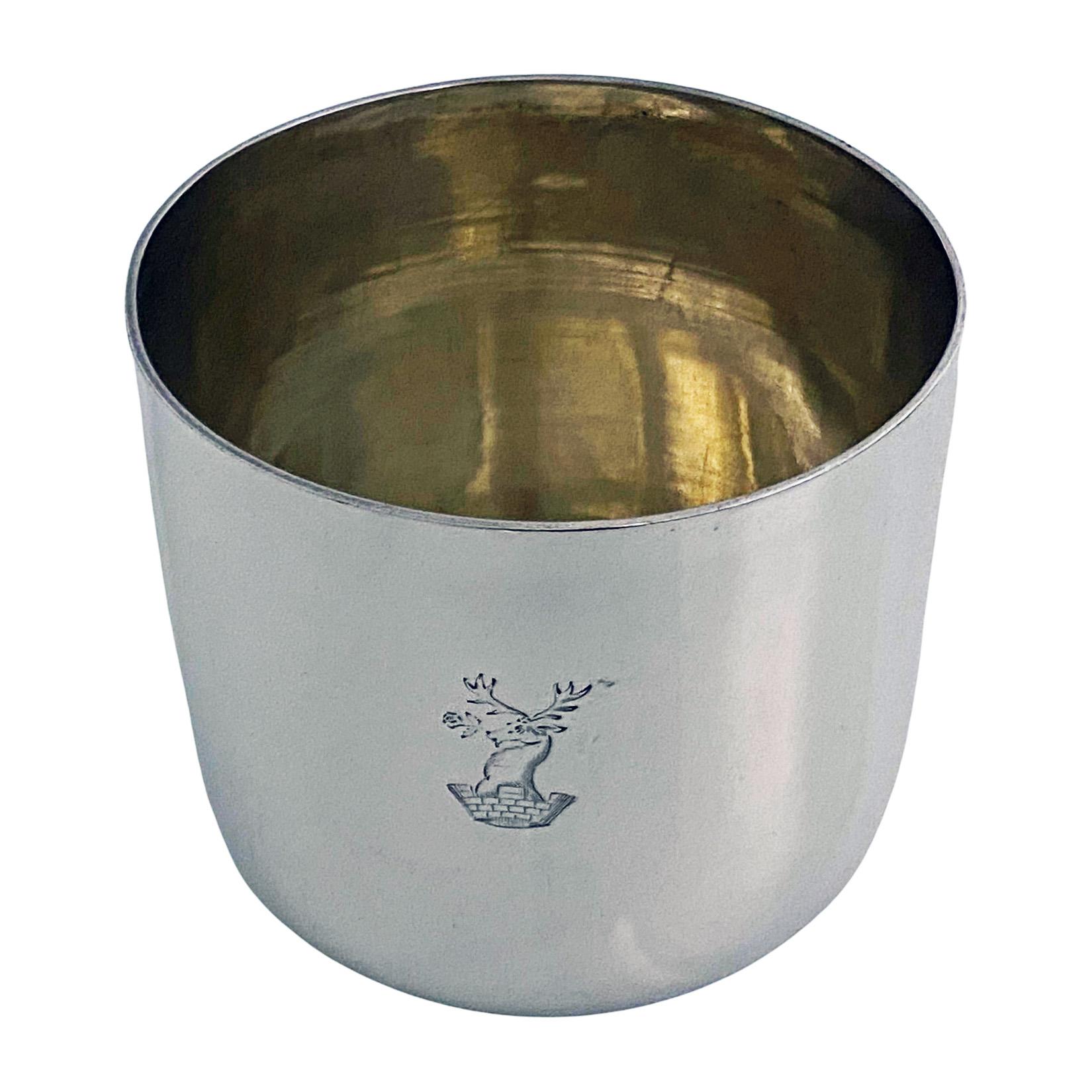 Rare exeter antique silver large tumbler cup, 1878 Josiah Williams and Co. Plain form engraved with crest of a stag's head holding in the mouth a rose out of a coronet, possibly for Hartley Dublin. Original light gilded interior. Height: 2.75