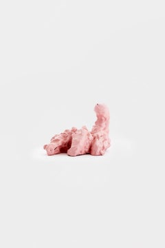 Exhausted but colourful, contemporary sculpure in cast aluminum, pink paint