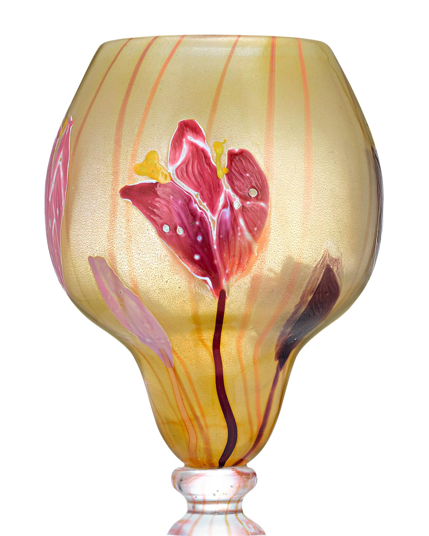 This immensely rare art glass vase by Émile Gallé was created for and exhibited at the great Paris Exhibition Universelle of 1900. Entirely hand-crafted, the exquisite piece is a testament to Gallé's mastery of this delicate art form, particularly