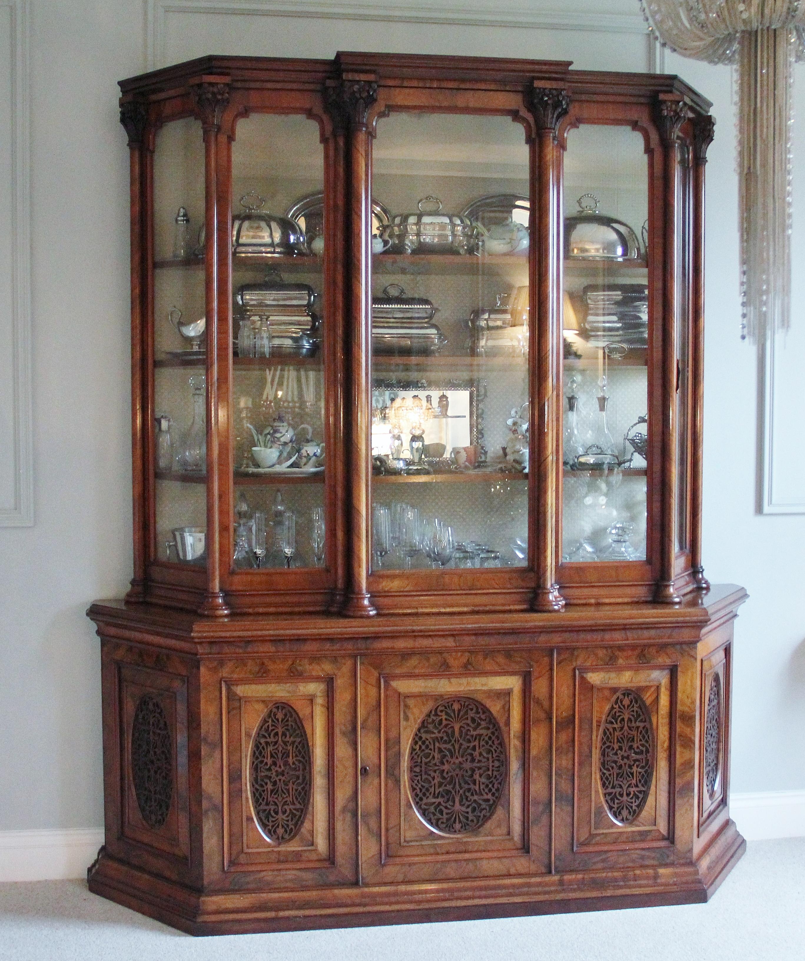 Early Victorian Exhibition Quality Antique Victorian Burr Walnut Carved Display Cabinet