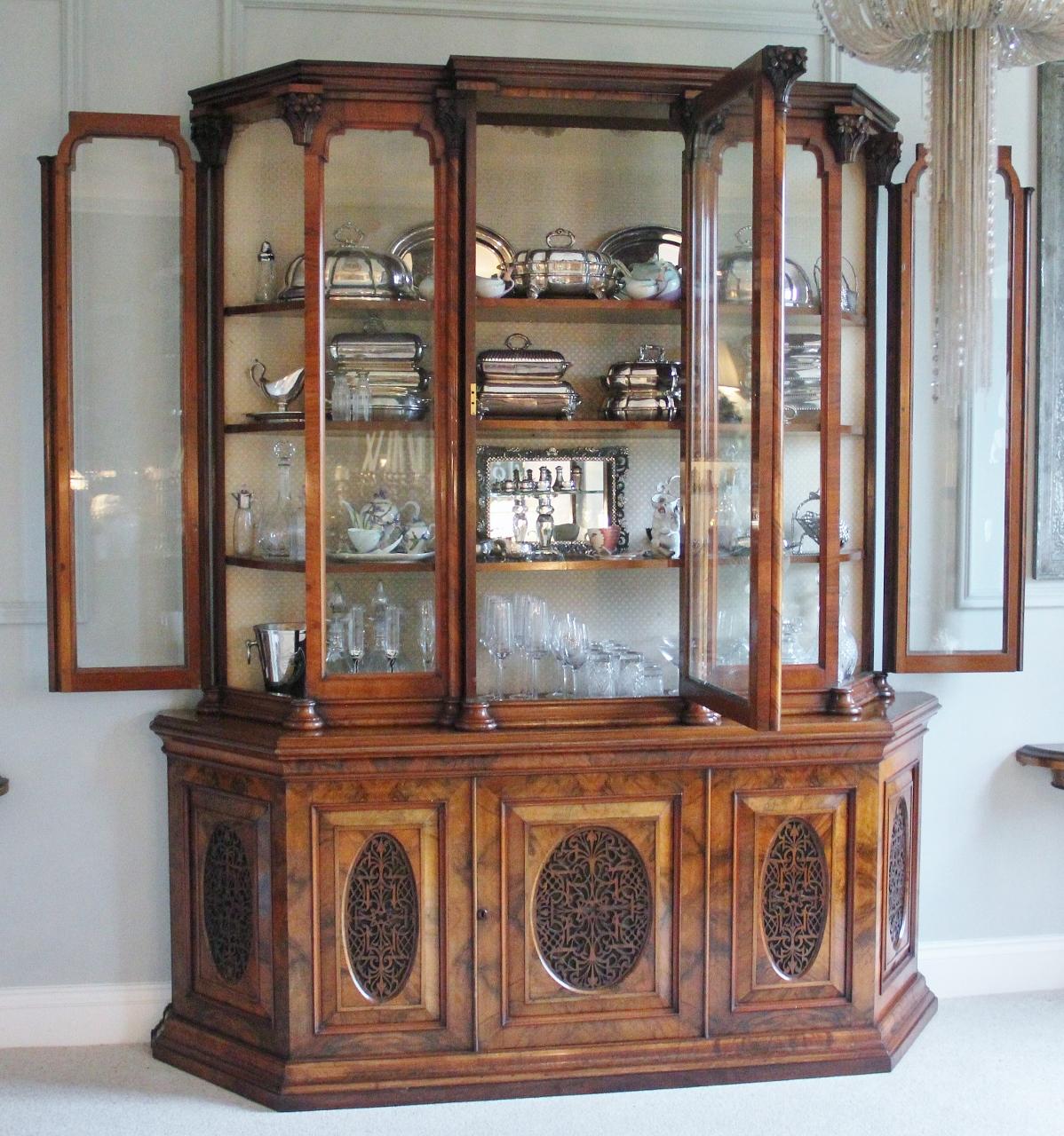 English Exhibition Quality Antique Victorian Burr Walnut Carved Display Cabinet