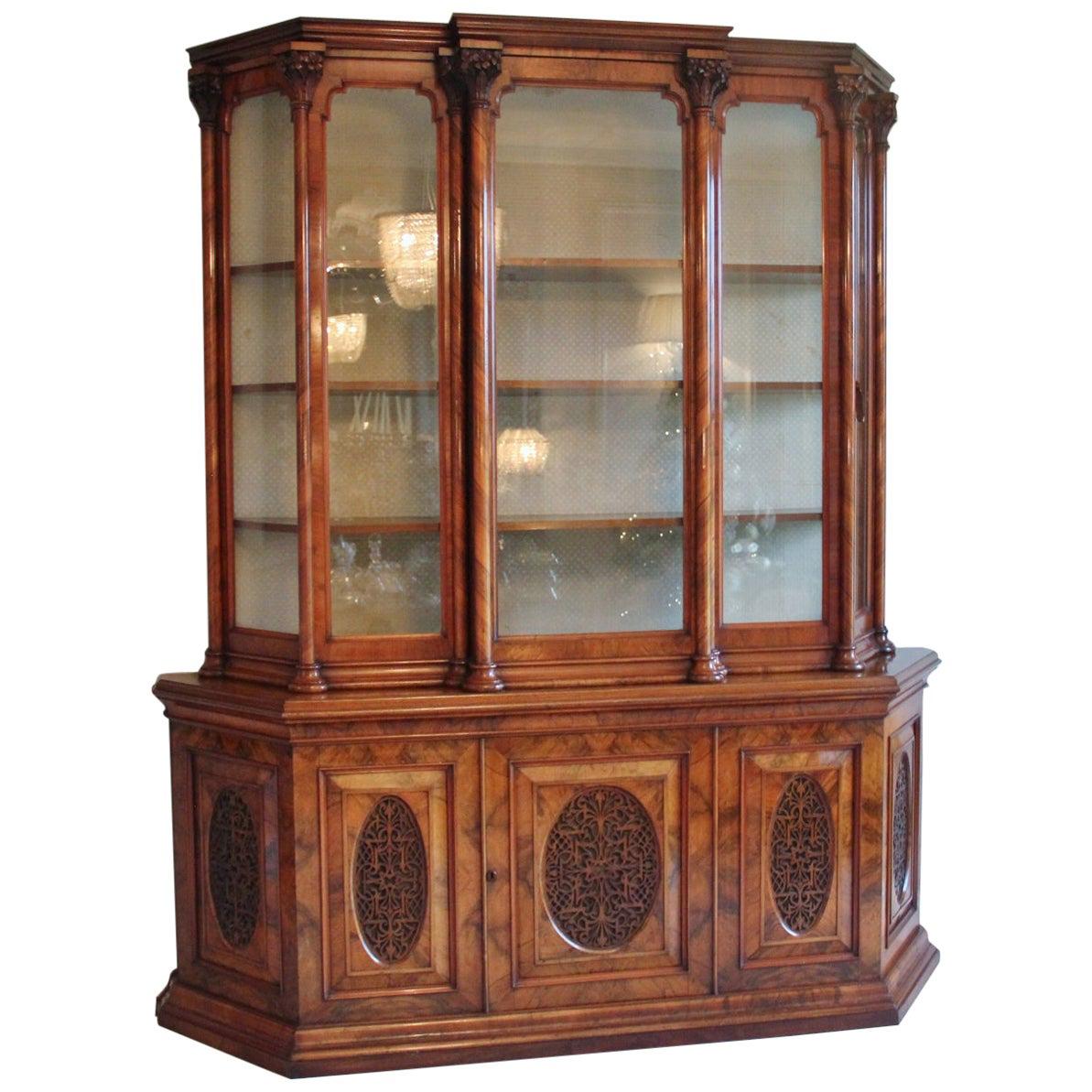 Exhibition Quality Antique Victorian Burr Walnut Carved Display Cabinet