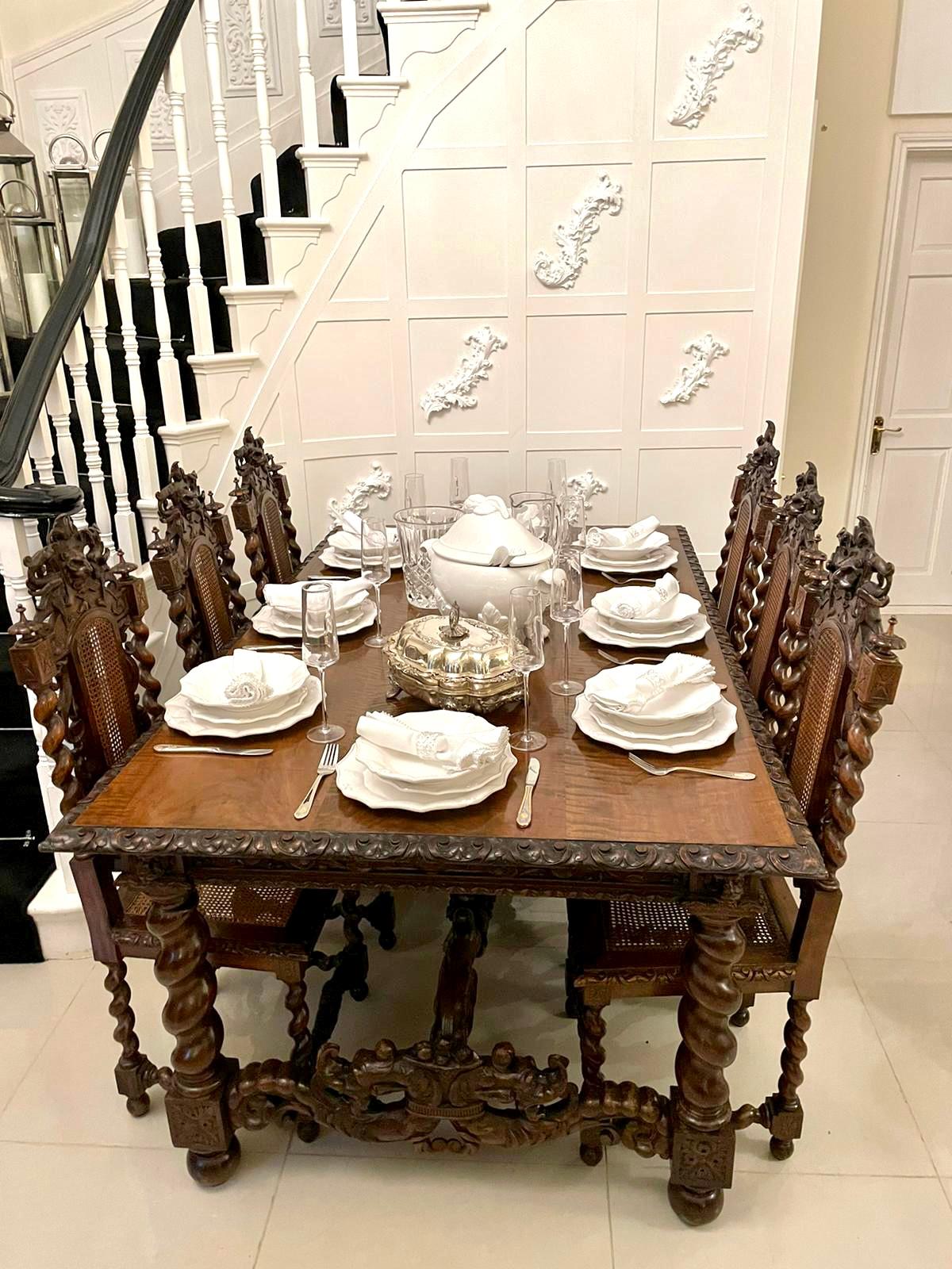 Outstanding exhibition quality antique Victorian Italian profusely carved solid figured walnut centre/ dining table having an outstanding quality solid figured walnut top with a carved edge above a fantastic carved walnut frieze with animals,