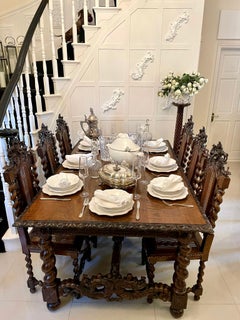 Exhibition Quality Antique Victorian Italian Carved Walnut Set 8 Dining Chairs