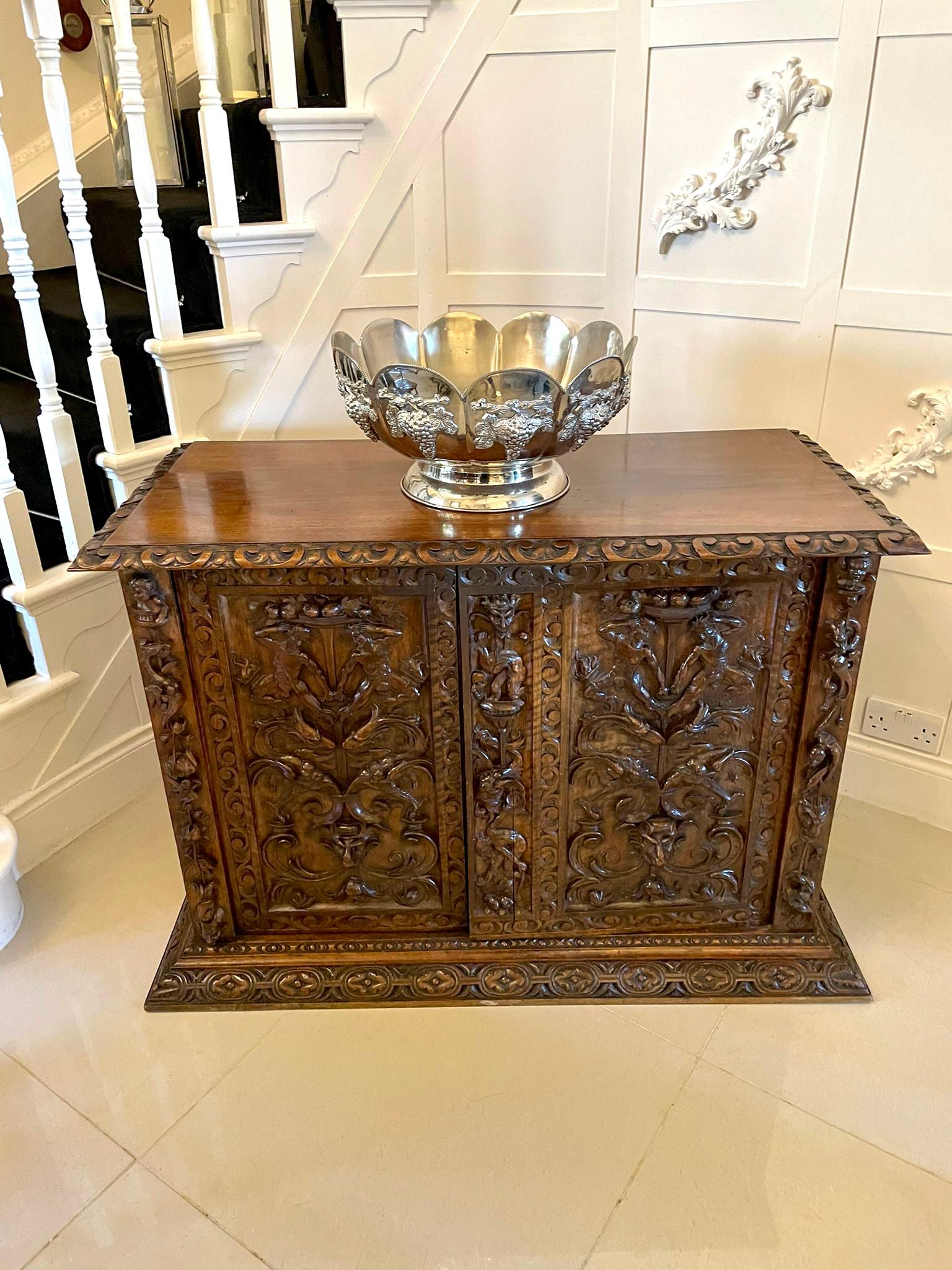 Hand-Carved Exhibition Quality Antique Victorian Italian Carved Walnut Pair Side Cupboards For Sale