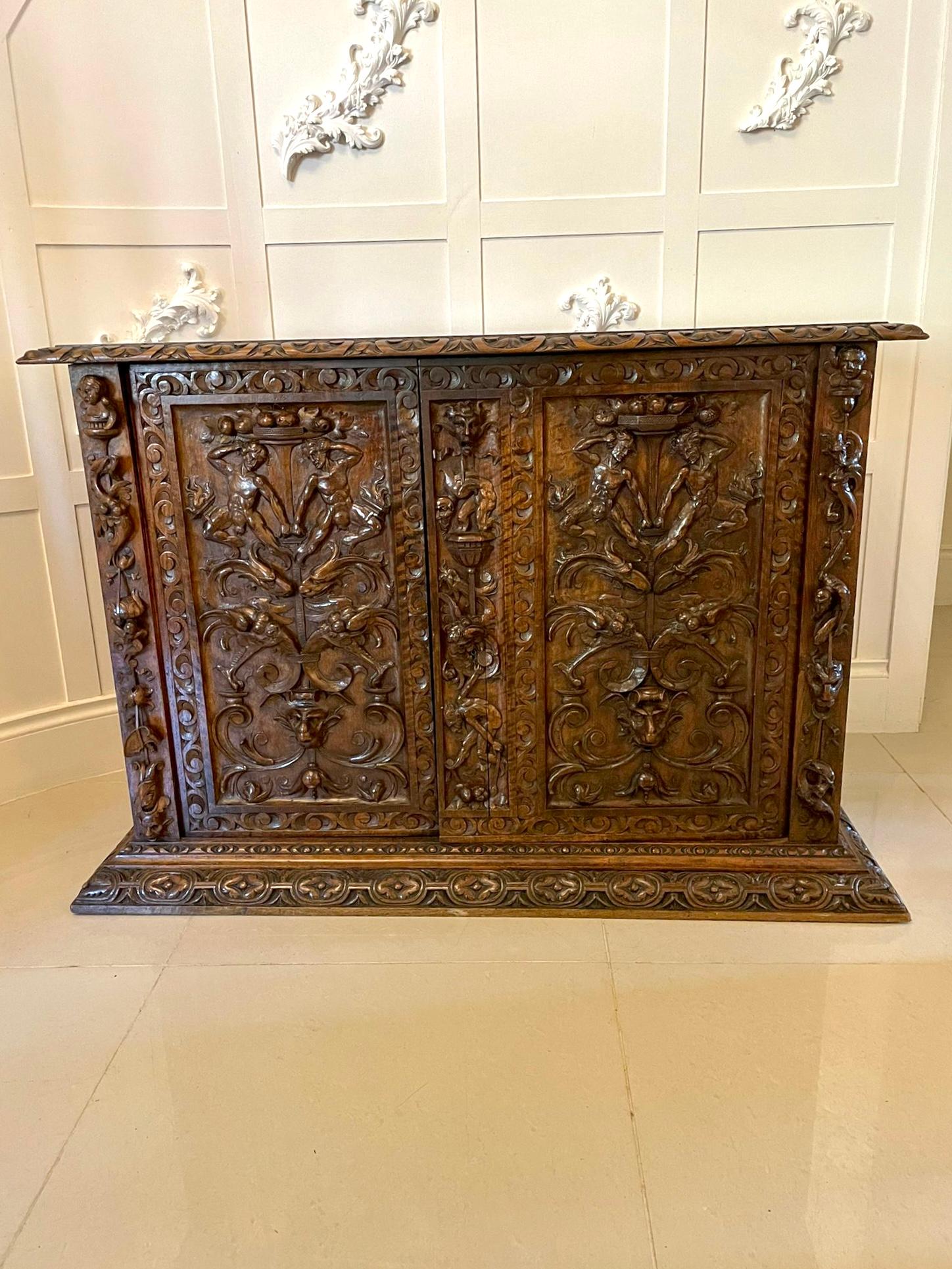 19th Century Exhibition Quality Antique Victorian Italian Carved Walnut Pair Side Cupboards For Sale