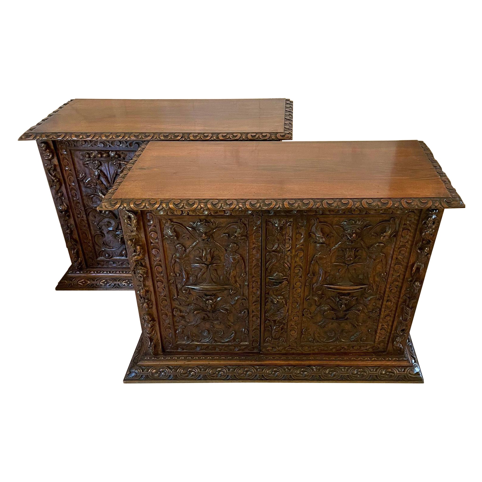 Exhibition Quality Antique Victorian Italian Carved Walnut Pair Side Cupboards