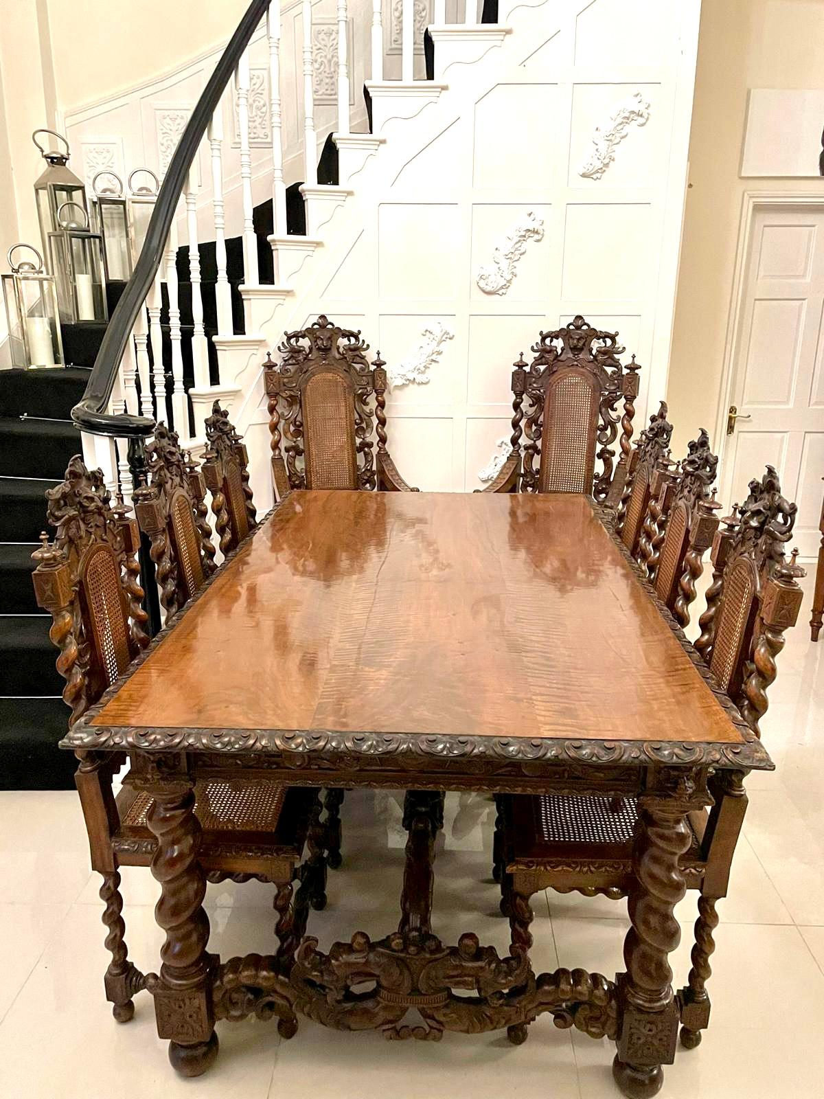 Hand-Carved Exhibition Quality Antique Victorian Italian Carved Walnut Set 8 Dining Chairs