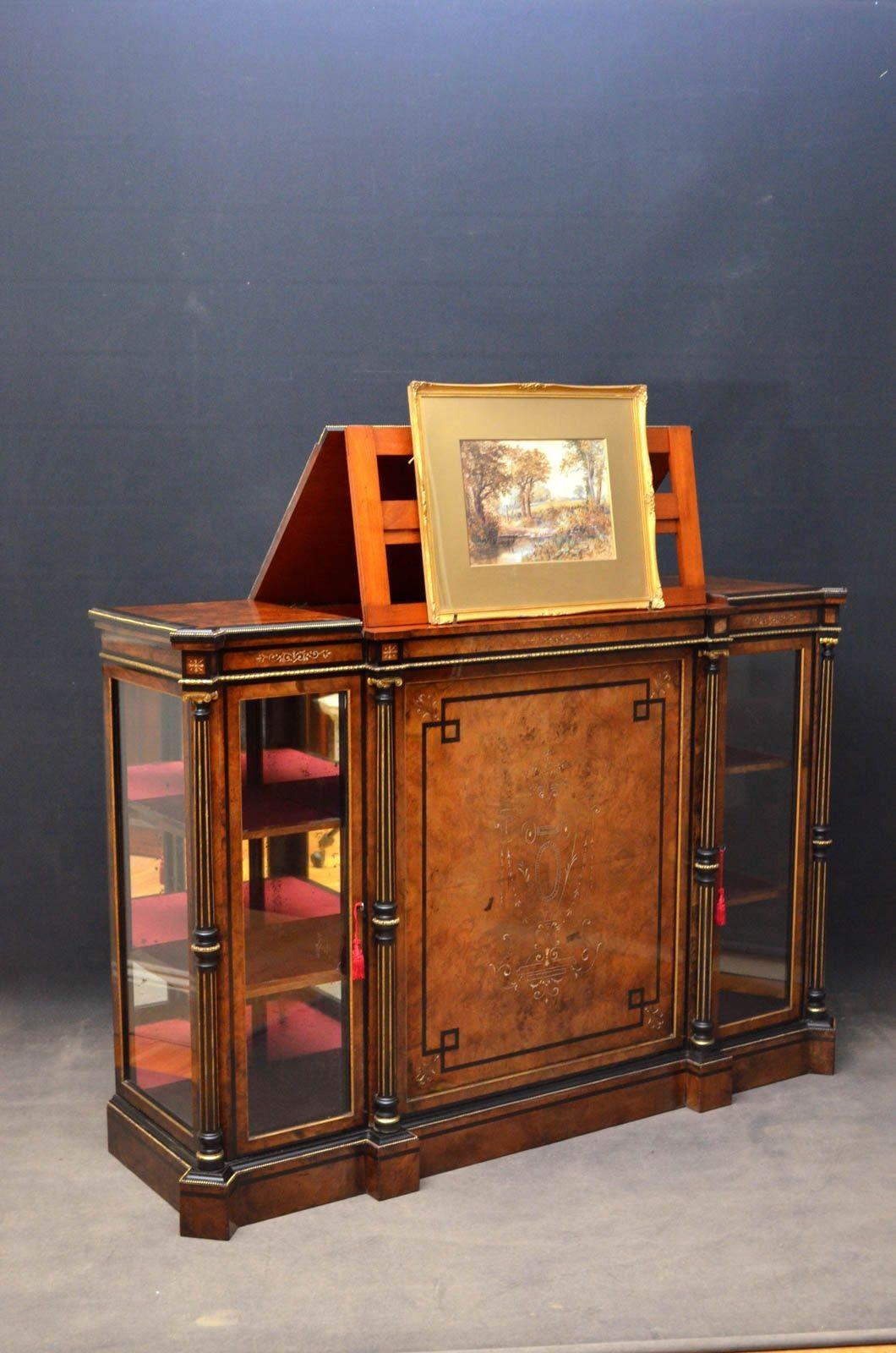 Sn4064 Very rare Victorian burr walnut and ebonised credenza with picture stand and storage, having lift up top with easel type picture stand above projecting centre drawer with fall front enclosing picture compartments, all flanked by glazed doors