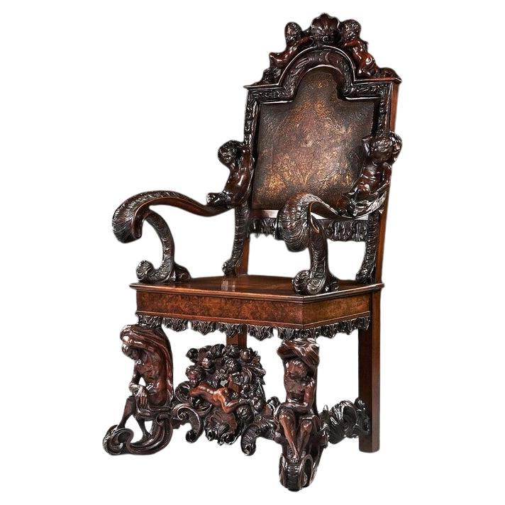 Exhibition Quality Italian 19th Century Carved Walnut Armchair After Andrea B For Sale