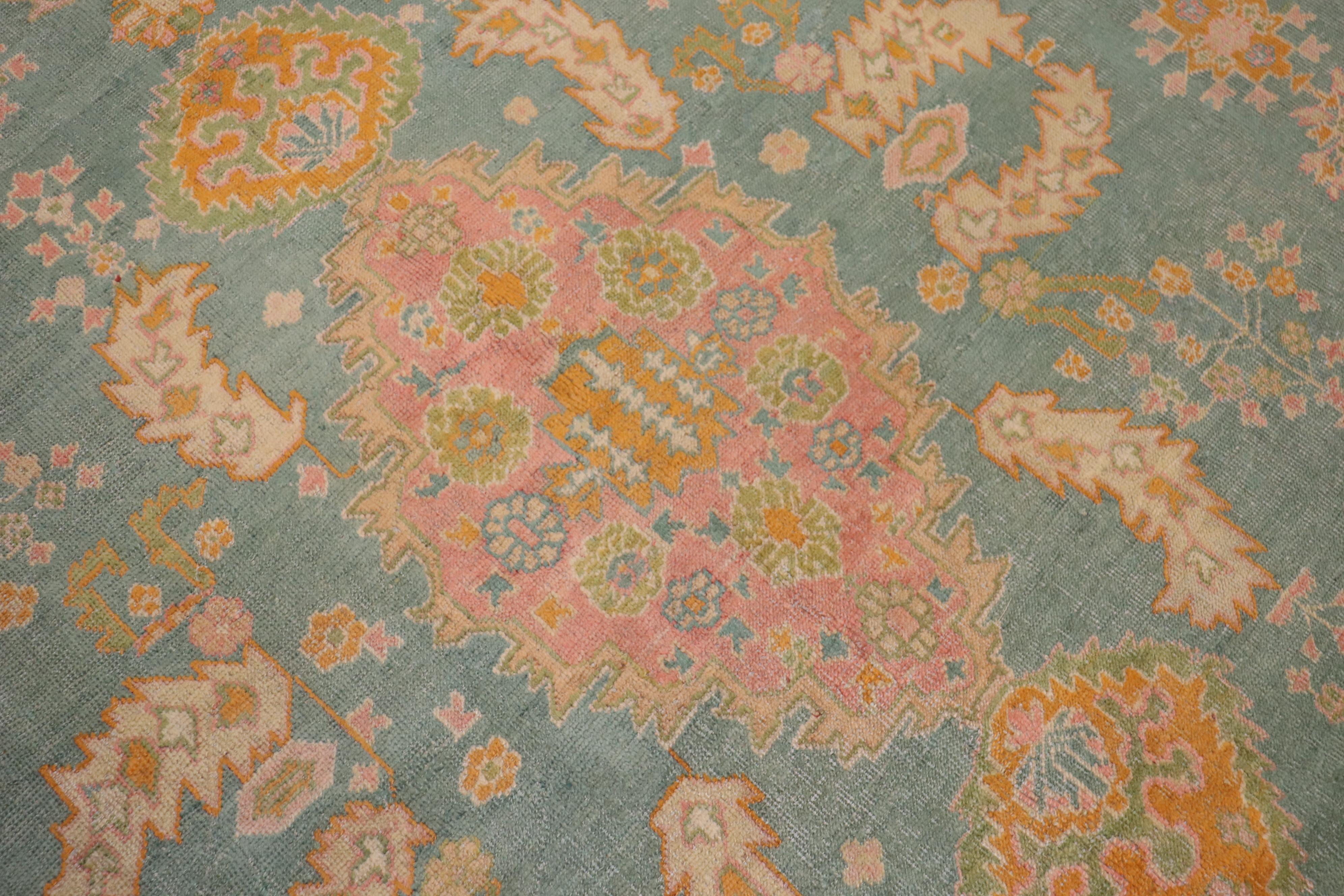 Hand-Woven Exhilarating Teal Pink Oversize Oushak Rug For Sale