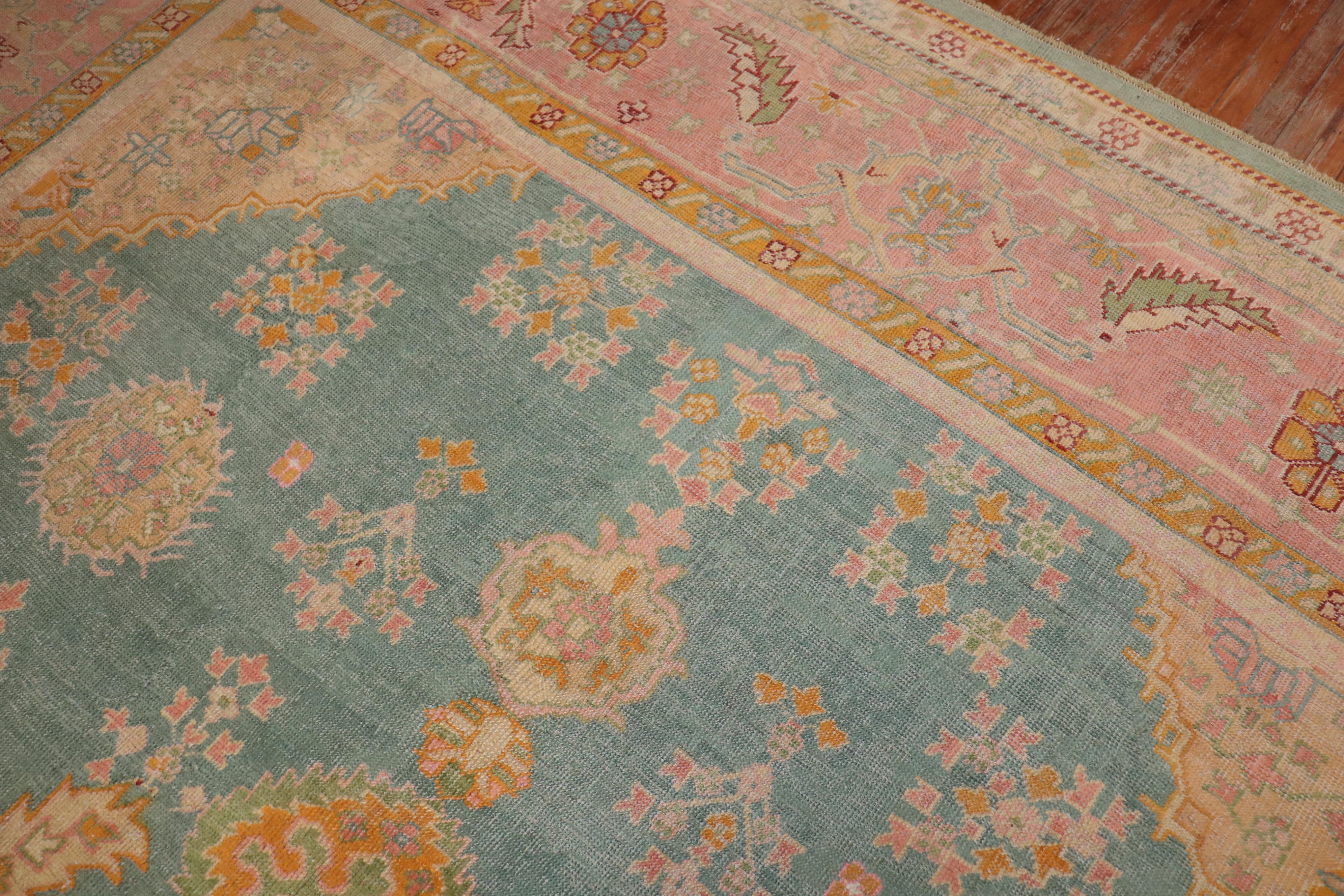 Exhilarating Teal Pink Oversize Oushak Rug In Good Condition For Sale In New York, NY