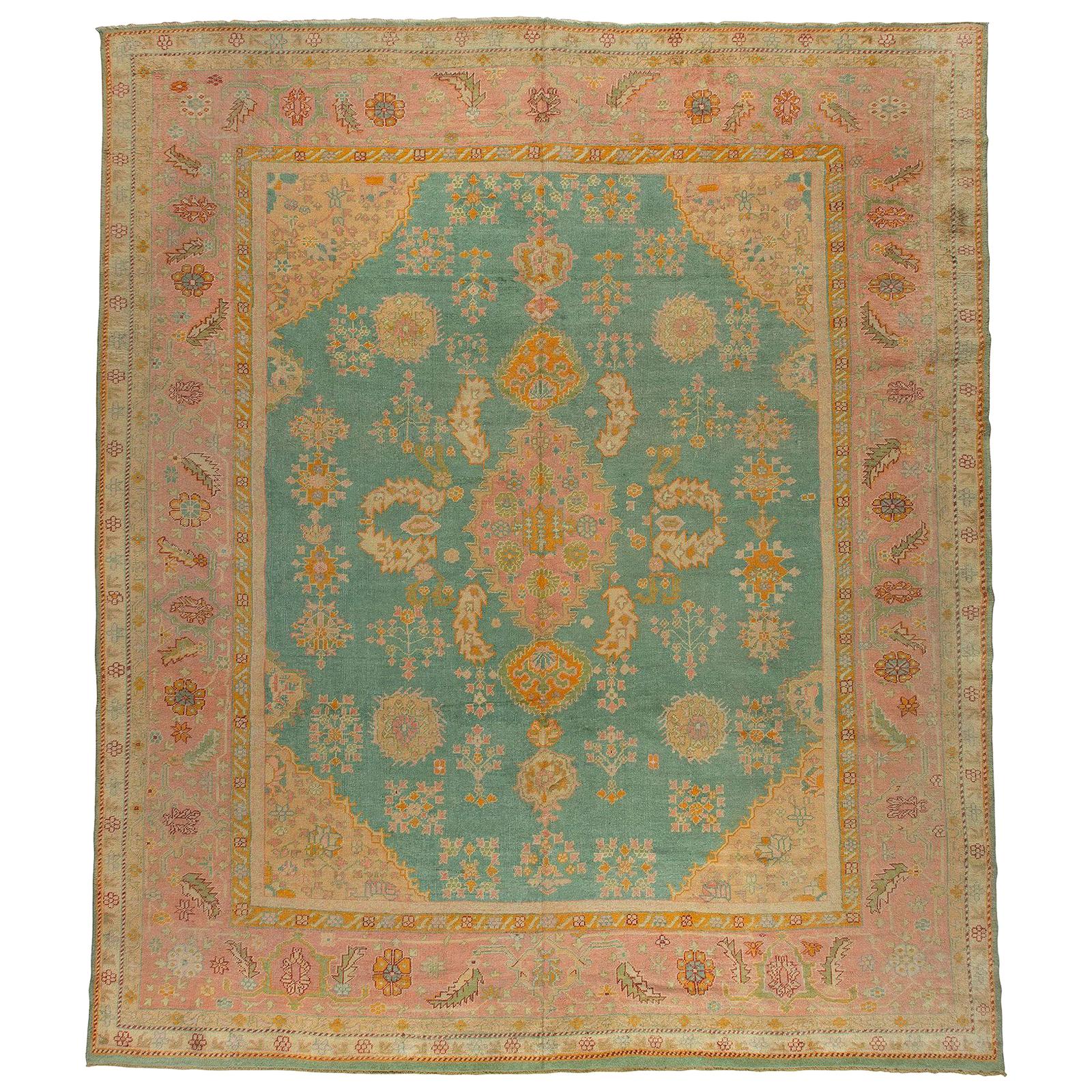 Exhilarating Teal Pink Oversize Oushak Rug For Sale