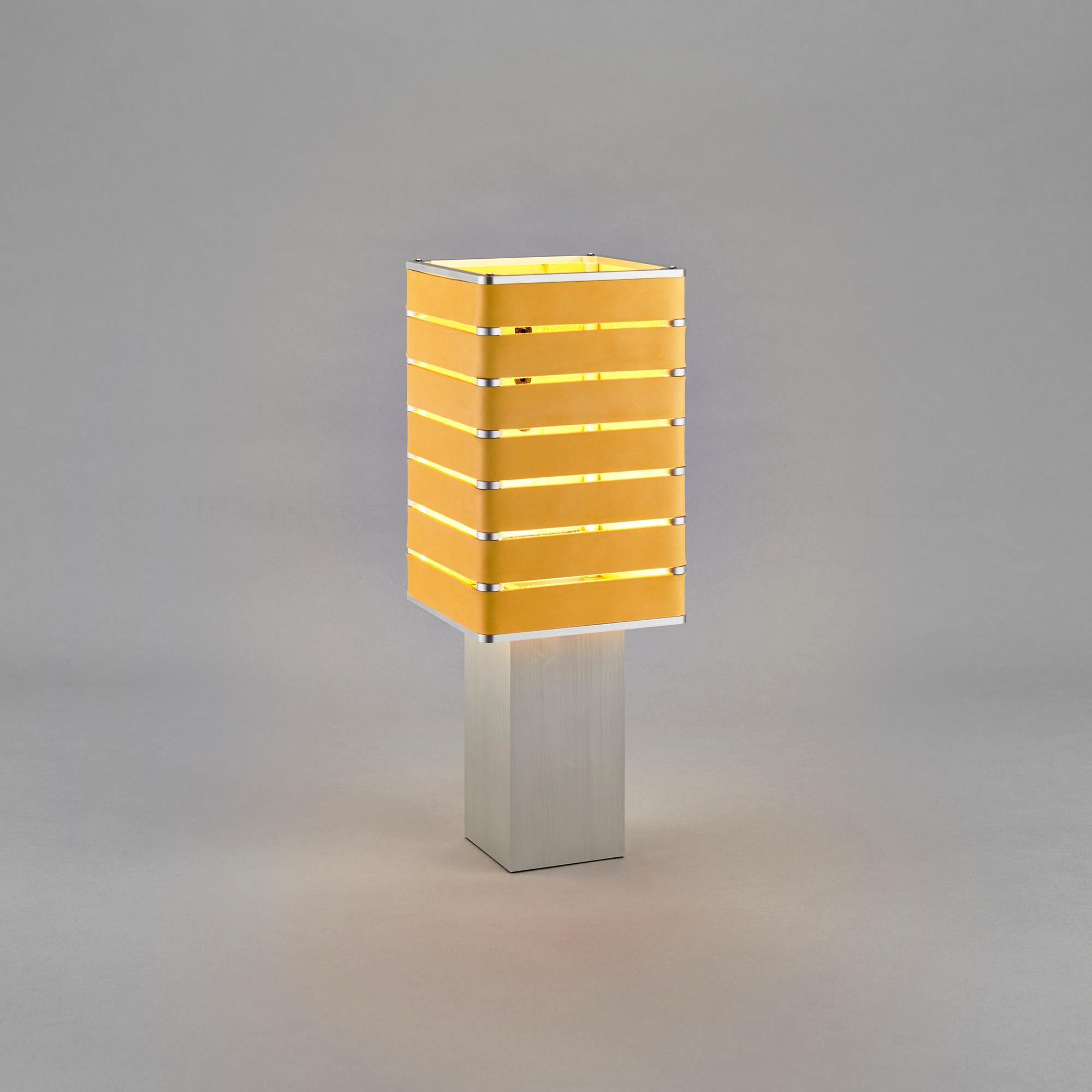 Anodized Modern, Minimal, Solid Metal Table Light in Limon Yellow Italian Leather