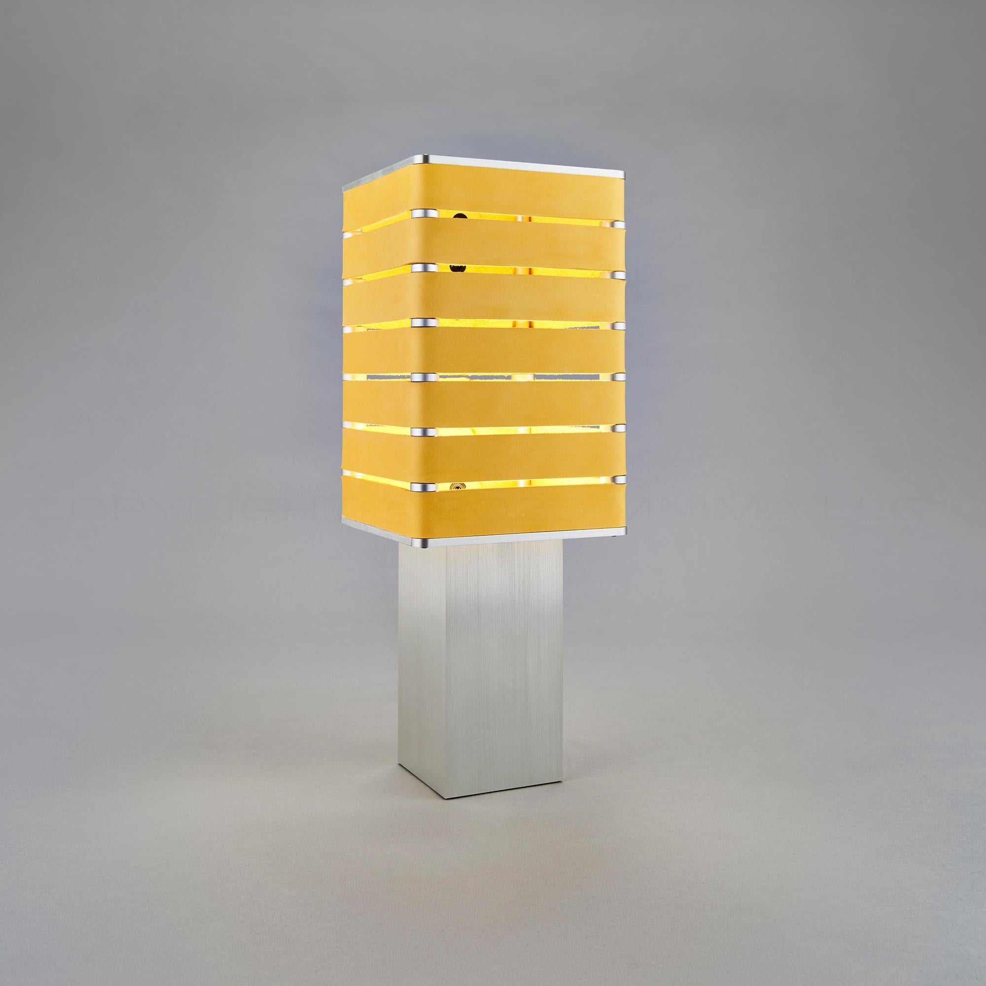 Modern, Minimal, Solid Metal Table Light in Limon Yellow Italian Leather In New Condition In Prior Lake, MN