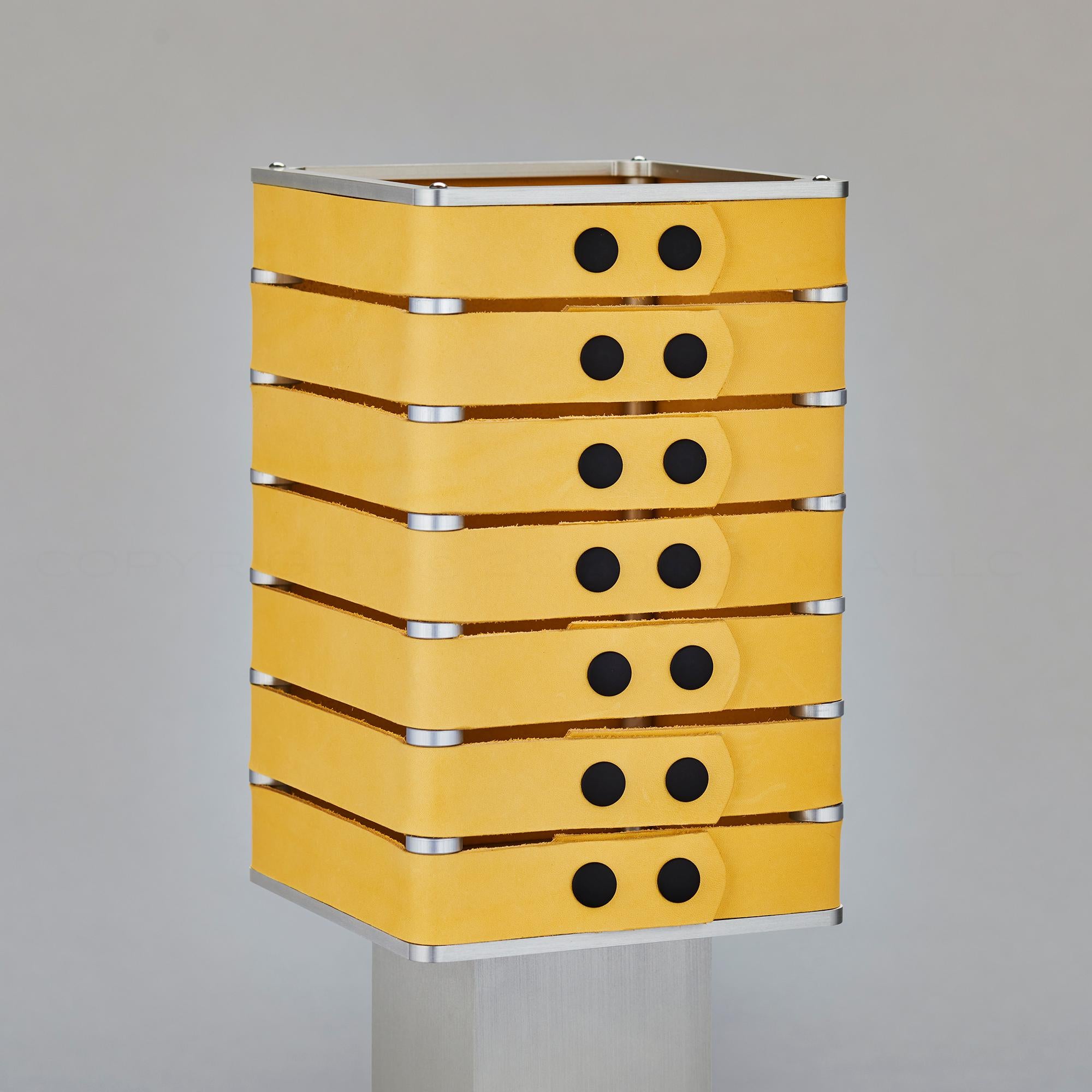 Contemporary Modern, Minimal, Solid Metal Table Light in Limon Yellow Italian Leather