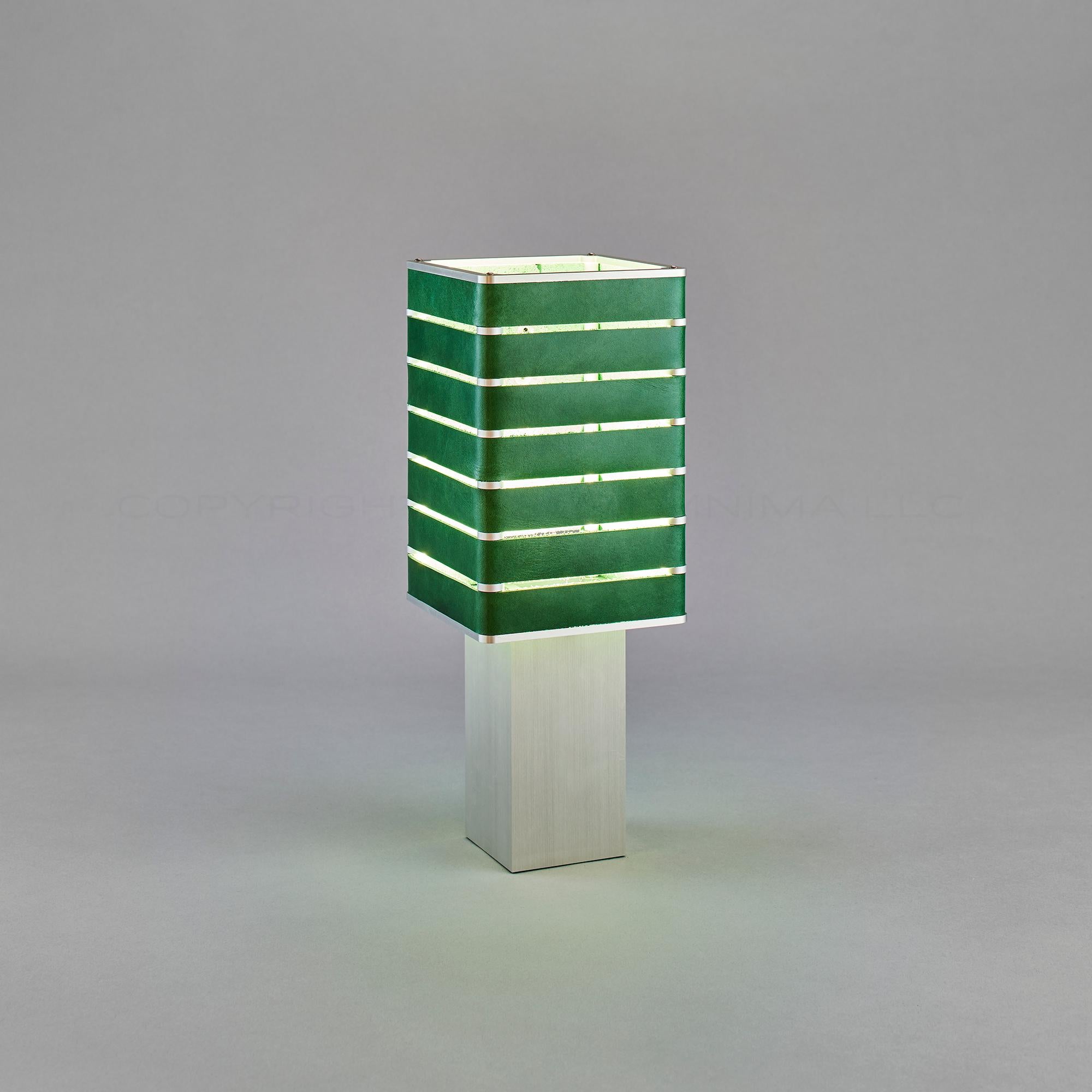 Brushed Modern, Minimal, Solid Metal Table Light in Avocado Green Italian Leather