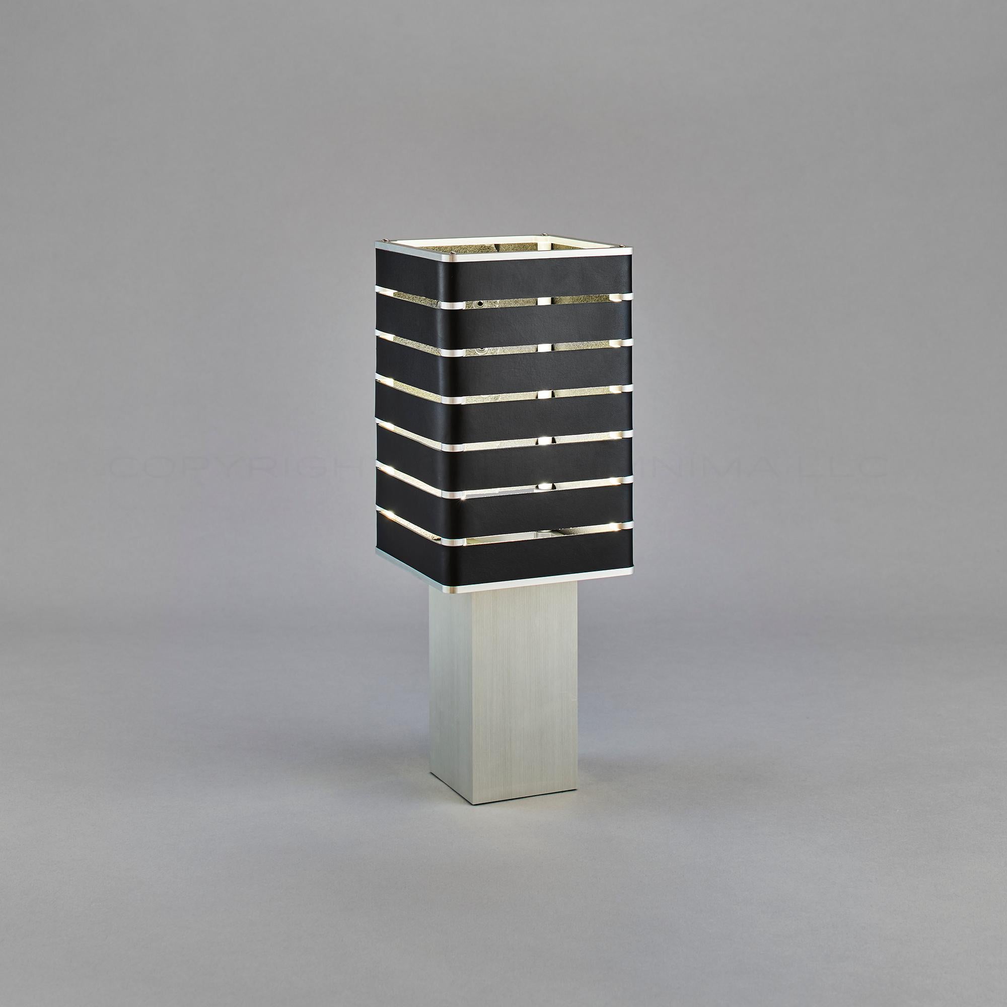 American Modern, Minimal, Solid Metal Table Light in Black Italian Leather