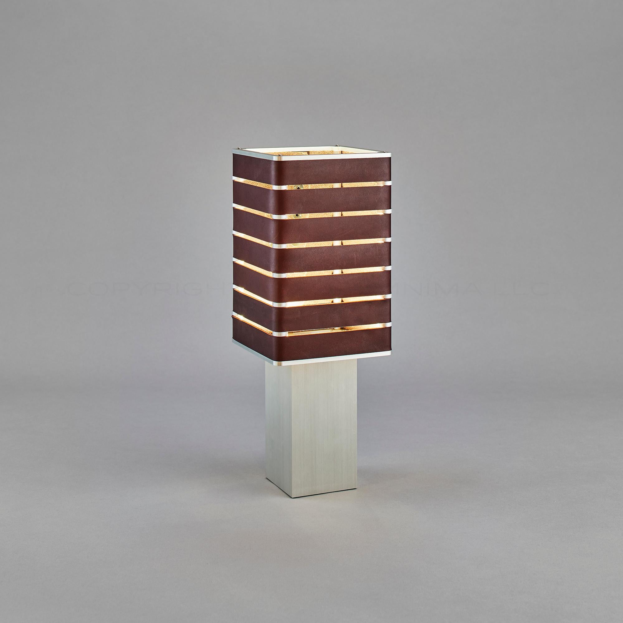 Anodized Modern, Minimal, Solid Metal Table Light in Bruciato Brown Italian Leather