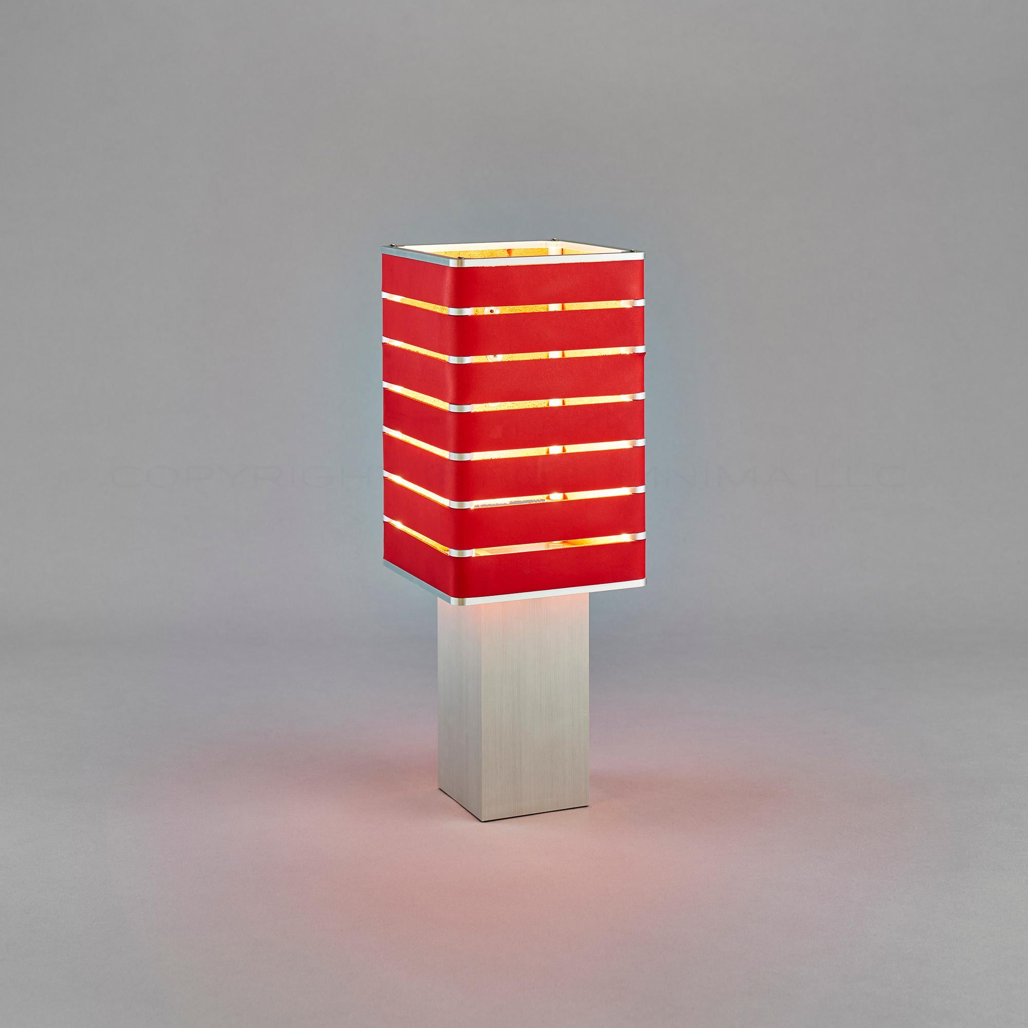 Anodized Modern, Minimal, Solid Metal Table Light in M. Fiesta Red Italian Leather