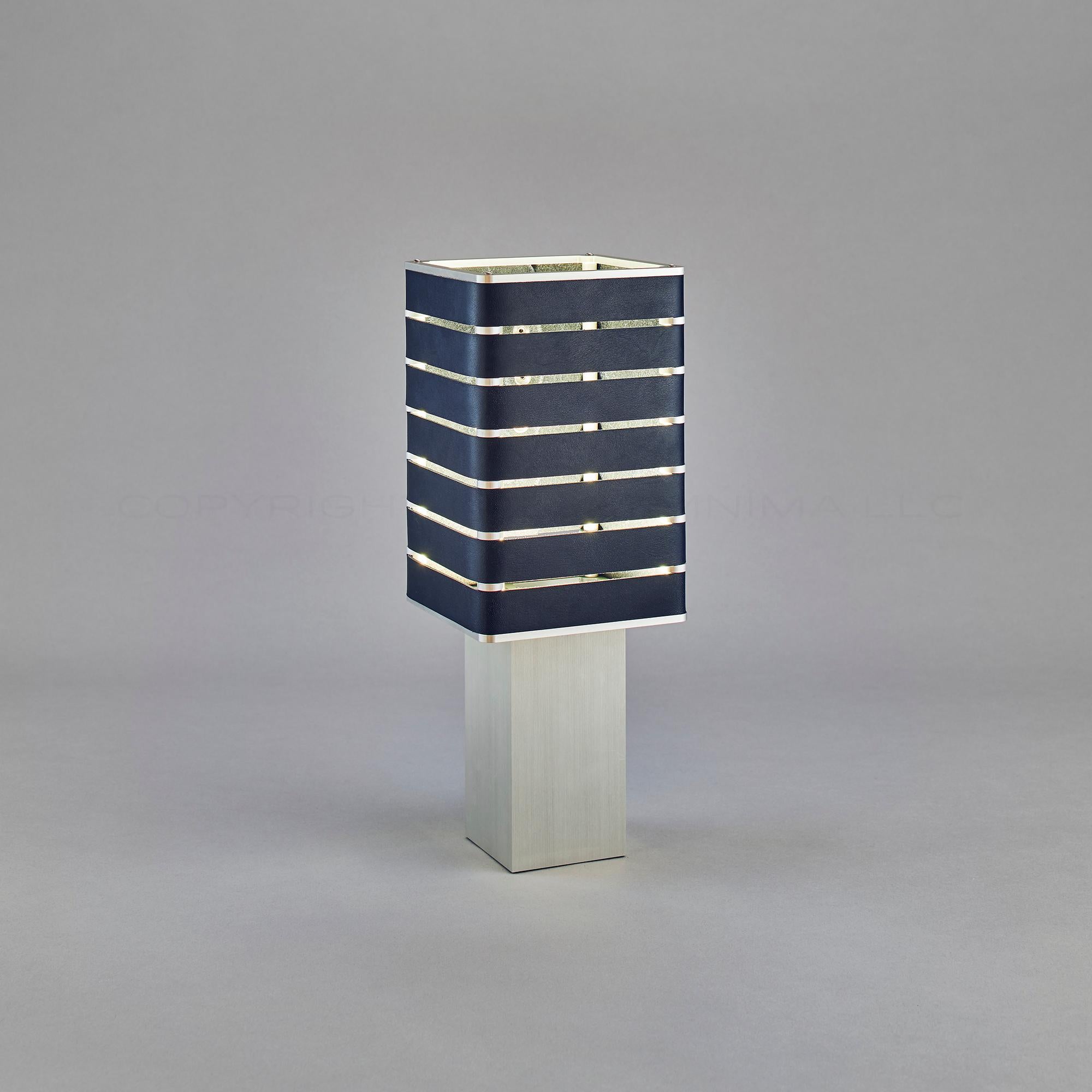 Brushed Modern, Minimal, Solid Metal Table Light in Navy Blue Italian Leather
