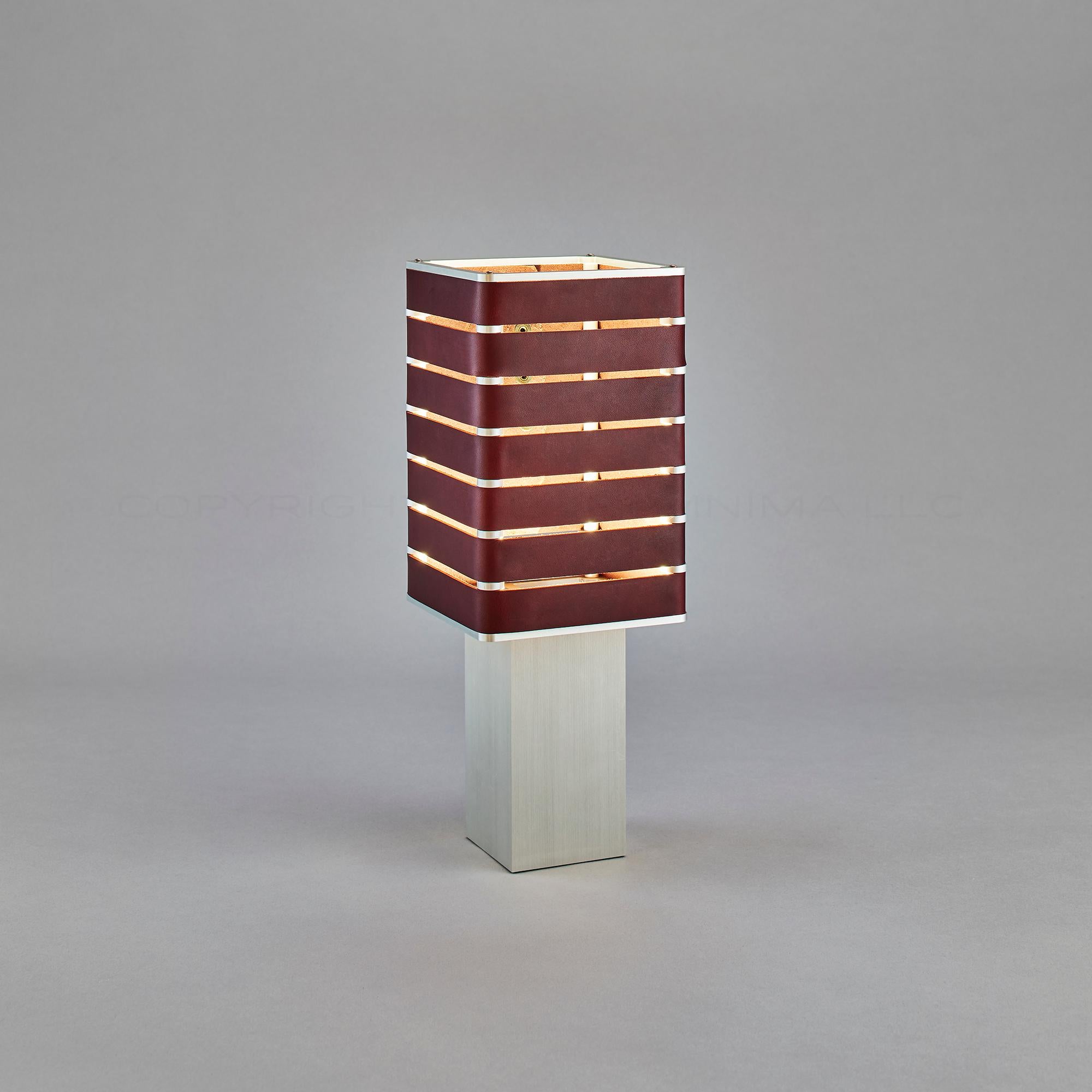 Machine-Made Modern, Minimal, Solid Metal Table Light in Siena Brown Italian Leather For Sale