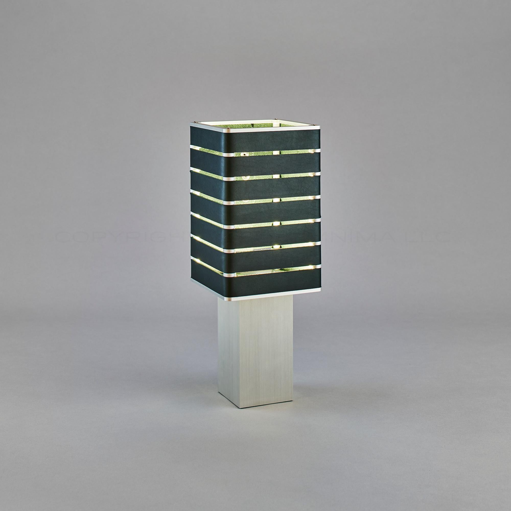 Machine-Made Modern, Minimal, Solid Metal Table Light in Verde Green Italian Leather