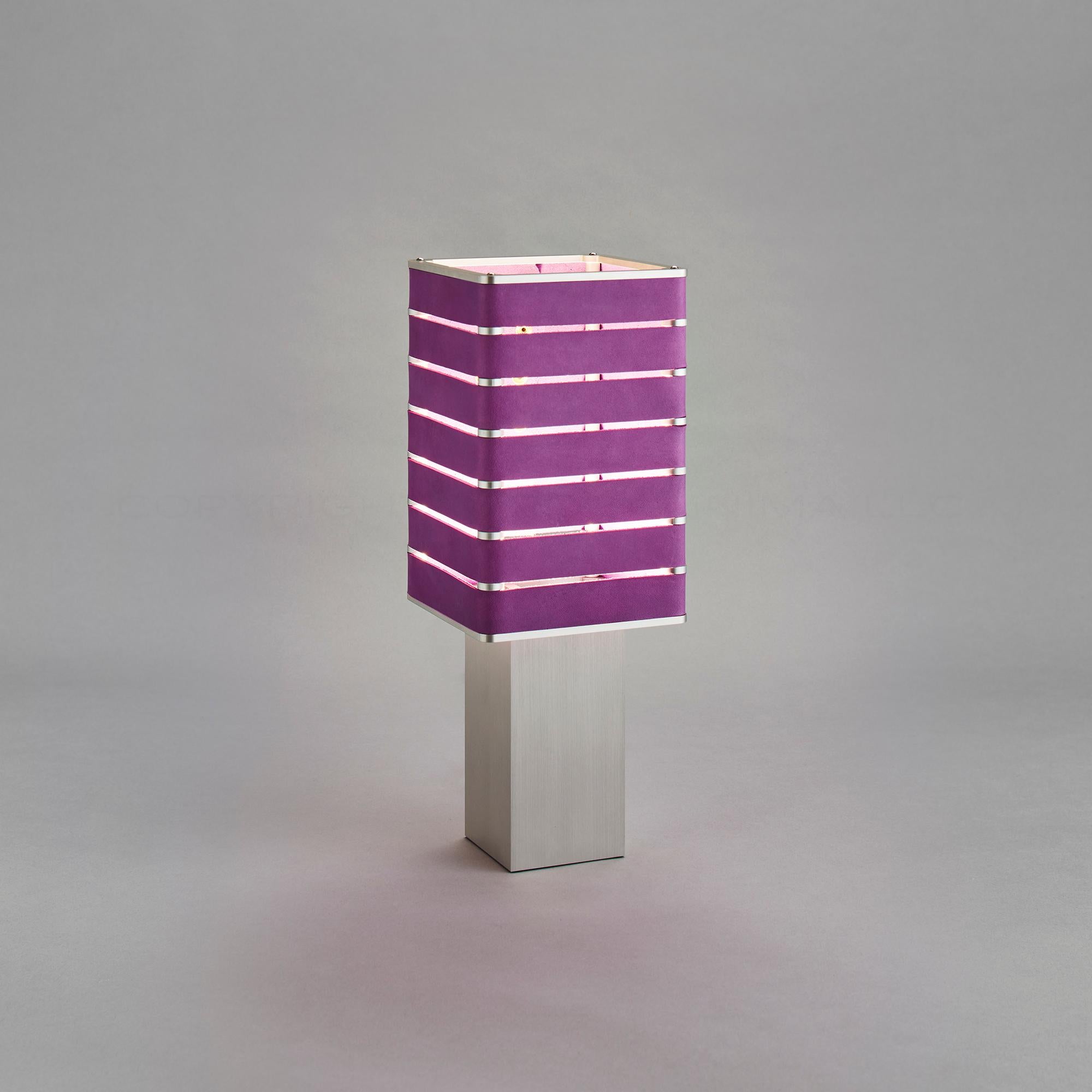 Brushed Modern, Minimal, Solid Metal Table Light in Violet Purple Italian Leather