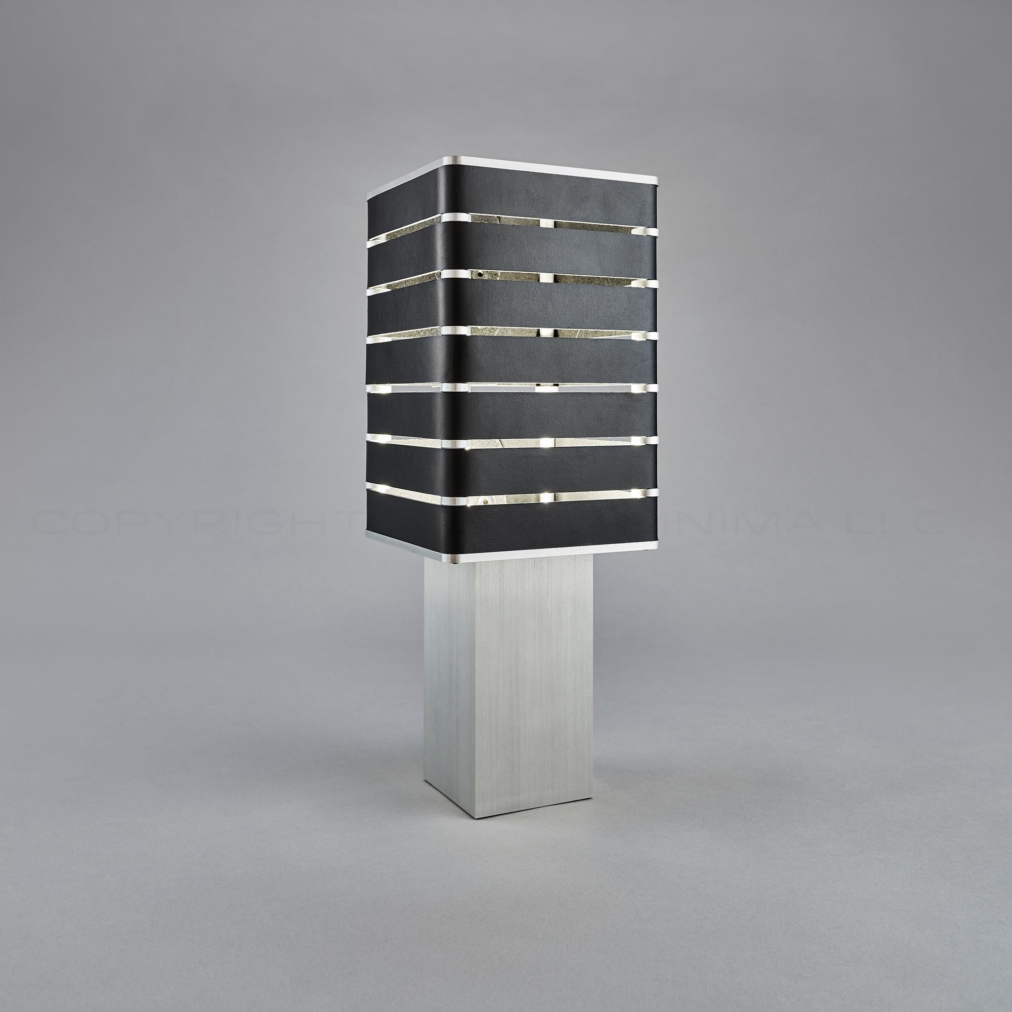 Brushed Modern, Minimal, Solid Metal Table Light in Black Italian Leather