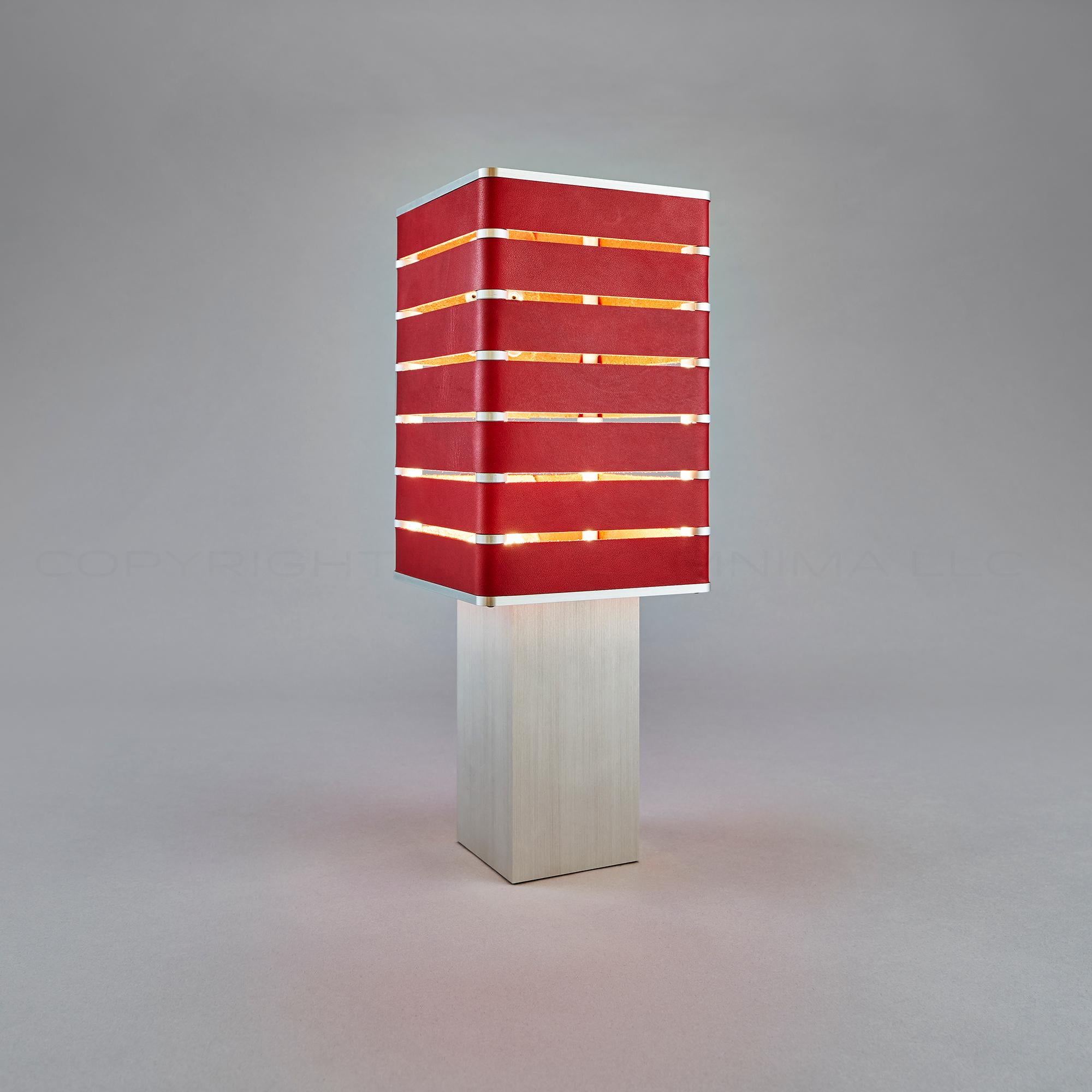 Anodized Modern, Minimal, Solid Metal Table Light in E. Fiesta Red Italian Leather