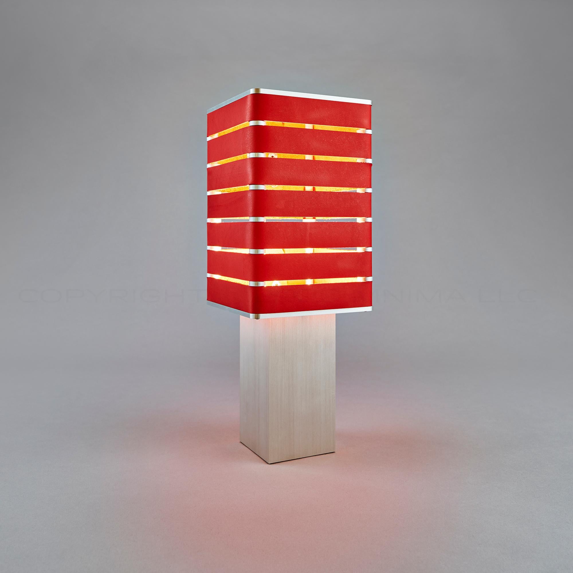 Modern, Minimal, Solid Metal Table Light in M. Fiesta Red Italian Leather In New Condition In Prior Lake, MN