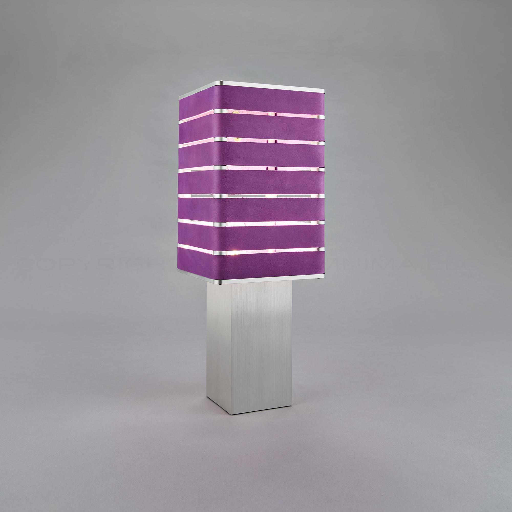 Modern, Minimal, Solid Metal Table Light in Violet Purple Italian Leather In New Condition In Prior Lake, MN