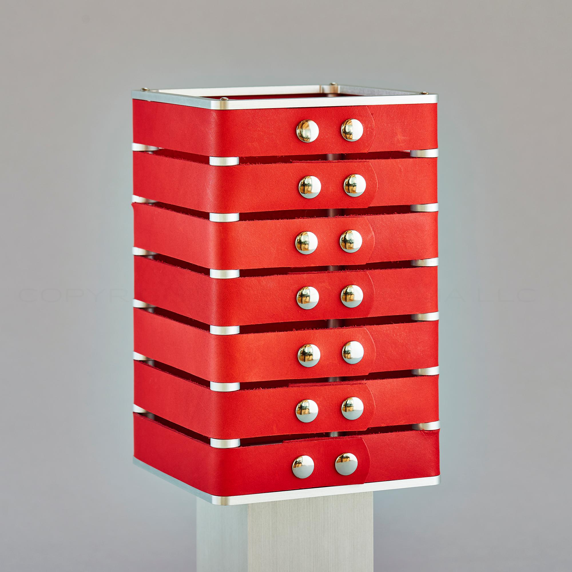 Contemporary Modern, Minimal, Solid Metal Table Light in M. Fiesta Red Italian Leather